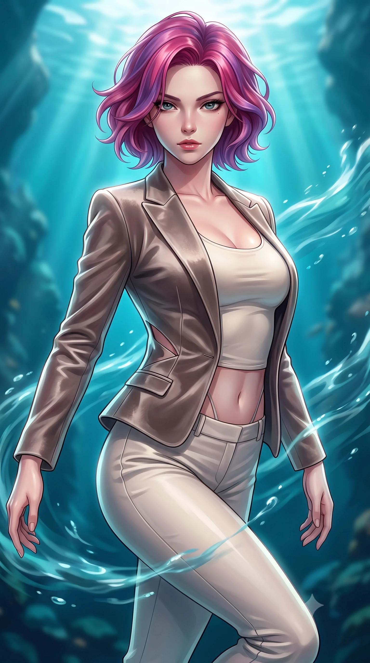 score_9, masterpiece, best quality, ultra-detailed, high-budget anime keyframe, editorial fashion photography, tasteful artistic composition, Caucasian woman. close-up cowboy shot from the waist and thighs up, the character dominates the composition, filling the frame with her large presence, background elements kept in soft focus. Gazing past the lens with composed intensity as her torso curves dynamically in mid-motion while swimming gracefully upward toward sunbeams penetrating a deep turquoise ocean rift, swirling ocean currents casting fluid motion patterns across her form. She has an exceptionally elegant, slender, and willowy female figure with an ultra-slim waist, a gracefully sculpted slender torso, and a refined silhouette. sharp v-shaped jawline, high-bridge nose, intricate jewel-like eyes with depth, thick eyelashes, glossy lips with a natural sheen, flawlessly proportioned anatomical accuracy, natural body alignment, perfectly sculpted elegant limbs, clean dynamic posture without body distortion. wearing a tailored silk blazer over a form-contouring scoop-neck top and slacks in muted taupe and soft ivory, made of premium stretch velvet with a rich sheen, featuring subtle geometric cutouts that highlight her ultra-slim midriff, the tailored fabric tightly following every curve of her athletic build. surrounded by a shimmering ocean aura with bright pearl-white specular rim lights. highly saturated vibrant anime colors, detailed shading with soft gradients, rich glossy textures, high-contrast stereoscopic depth, volumetric dynamic lighting, master piece, 9:16 ratio
