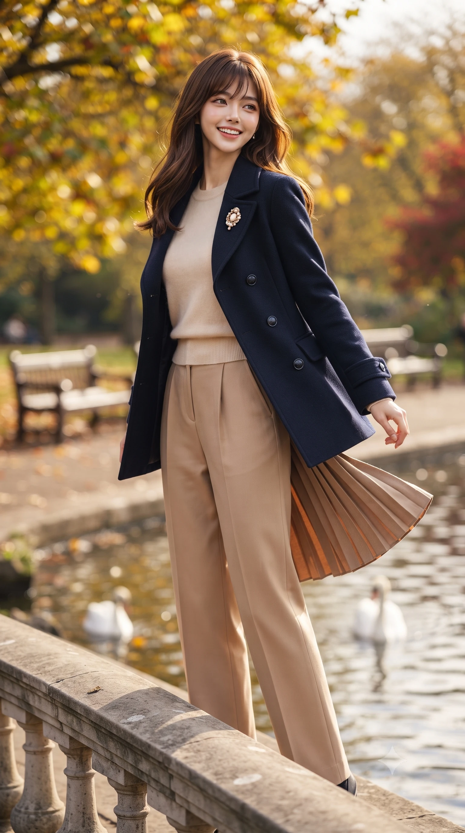 score_9, masterpiece, best quality, ultra-detailed, high-budget anime keyframe, editorial fashion photography, tasteful artistic composition, Korean woman. low angle full-body shot from head to toe showing her feet, filling the entire 9:16 vertical frame with her statuesque presence, stretching her vertical silhouette. executing an elegant pivot turn as the hem of her pleated wool skirt sways rhythmically, glancing back with joyful radiance while standing poised at the stone balustrade of the Serpentine Bridge, watching swans glide across the water with serene charm. The background shows a soft-focus canopy of vibrant yellow, bronze, and crimson autumn leaves, glittering Serpentine lake surface, and historic park benches blurred into golden amber and sapphire bokeh. She has an exceptionally tall and slender model-like 8.5-heads proportion, an ultra-slim waist, a flat toned midriff, narrow delicate ribcage, and beautifully sculpted feminine hips creating a graceful, slim hourglass silhouette without any bulky heaviness, with impossibly long slender legs. sharp v-shaped jawline, high-bridge nose, intricate jewel-like sparkling eyes with depth, thick eyelashes, glossy parted lips with a natural peach sheen, bright cheerful beaming smile with an enchanting and coquettish sensual glint, exuding both youthful cute charm and seductive allure, flawlessly proportioned anatomical accuracy, strict slender model proportions, natural body alignment, perfectly sculpted long slender limbs, ultra-slim waistline, clean dynamic posture without body distortion. wearing a navy tailored wool peacoat with anchor buttons layered over a soft merino wool sweater and pressed pleated slacks in soft champagne ivory and warm biscuit beige, tailored from fine wool gabardine with crisp permanent pleats and sharp drape, complemented by an antique baroque pearl brooch pinned tastefully on the lapel, the precision-cut high-waisted tailoring accentuating her ultra-slim waist and long slender leg line with immaculate aristocratic poise. illuminated by lake water shimmer fill and rich copper-gold rim lights defining her razor-sharp jawline and tall slender figure. ultra-reflective glossy finish, specular highlights, rich textural contrasts, high-contrast stereoscopic depth, volumetric dynamic lighting, 2k, ultra detail, master piece, 9:16 ratio