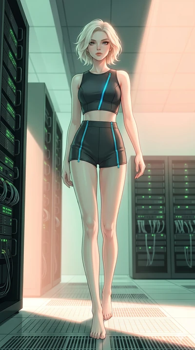score_9, masterpiece, best quality, ultra-detailed, high-budget anime keyframe, editorial fashion photography, tasteful artistic composition, Caucasian woman, strictly human ears. low angle full-body shot from head to toe showing her feet, filling th