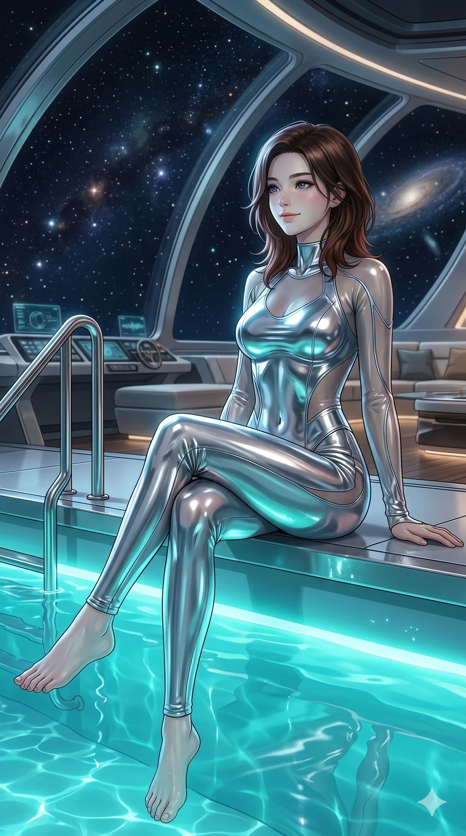 score_9, masterpiece, best quality, ultra-detailed, high-budget anime keyframe, Korean woman. Upper body close-up from the thighs up, character filling the screen for maximum presence. On a luxury space yacht deck, next to a private pool, sitting on the edge of the pool, looking out into the void with a calm smile. She is wearing a sleek high-fashion unitard with liquid-chrome finish and sheer sleeves. The scene is lit by the glowing turquoise water of the pool and distant stars. 2k, ultra detail, master piece, 9:16 ratio