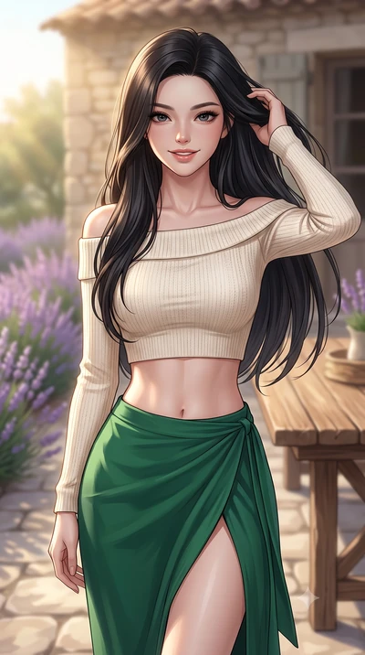 score_9, masterpiece, best quality, ultra-detailed, high-budget anime keyframe, editorial fashion photography, tasteful artistic composition, Korean woman woman. close-up cowboy shot from the waist and thighs up, the character dominates the compositi