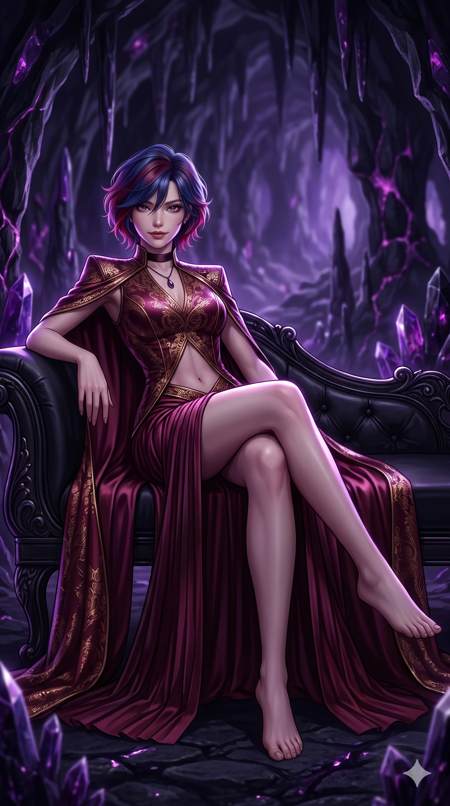 score_9, masterpiece, best quality, ultra-detailed, high-budget anime keyframe, semi-realistic 3D game render, editorial fashion photography, tasteful artistic composition, Korean woman. low angle full-body shot from head to toe showing her feet, filling the entire 9:16 vertical frame with her statuesque presence, stretching her vertical silhouette. lounging on the lavish obsidian daybed with legs crossed, displaying her toned midriff and long slender limbs with effortless siren poise while navigating an obsidian needle monolith chamber illuminated by dark violet crystal veins, glowing amethyst veins in the obsidian walls casting an eerie inner glow. The background shows a soft-focus underground volcanic crystal cavern softened in otherworldly geological shallow focus. She has an absolutely perfect, statuesque 8.5-heads proportion, an exceptionally tall and slender model-like female figure with impossibly long slender legs, an ultra-slim waist, a flat toned midriff, narrow delicate ribcage, and beautifully sculpted feminine hips creating a graceful, slim hourglass silhouette without any bulky heaviness. sharp v-shaped jawline, high-bridge nose, intricate jewel-like dark sparkling eyes with hypnotic seductive depth, thick curled eyelashes, glossy parted lips with a natural wine sheen, alluring bedroom-eyes with an enigmatic smoldering smile, exuding magnetic sovereign charisma and dark avant-garde glamour, flawlessly proportioned anatomical accuracy, strict slender model proportions, natural body alignment, perfectly sculpted long slender limbs, ultra-slim waistline, clean dynamic posture without body distortion. wearing a high-neck liquid satin evening cape gown with modest pleated column skirt in deep wine burgundy and lustrous gold foil, woven from bespoke high-density barathea wool with refined ceremonial hold, finished with a minimalist dark choker and a single teardrop pendant, the bespoke structured tailoring following the natural line of her 8.5-heads silhouette with refined elegance. illuminated by crystalline floor bounce and sharp amethyst-violet rim lights defining her razor-sharp jawline, narrow waist, and curvy hips. highly saturated vibrant anime colors, detailed shading with soft gradients, rich glossy textures, high-contrast stereoscopic depth, volumetric dynamic lighting, master piece, 9:16 ratio