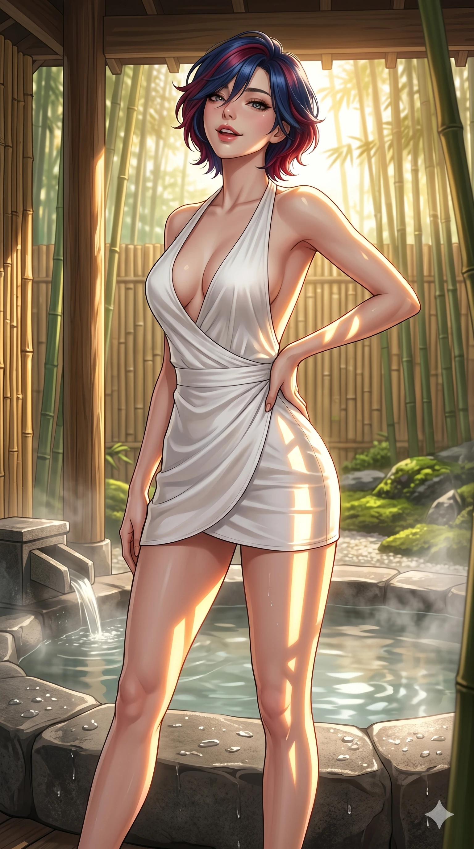 score_9, masterpiece, best quality, ultra-detailed, high-budget anime keyframe, editorial fashion photography, tasteful artistic composition, Korean woman. cowboy shot from the thighs up, character and outfit filling the frame for maximum editorial presence. tilting her head back slightly with a playful, teasing smile, her lips parted with a sultry charm in a private hot spring pavilion with warm sunlight filtering through bamboo partitions (Code-P124). She has an absolutely perfect 8-heads proportion, an exceptionally tall and slender female figure with impossibly long slender legs and an ultra-slim waist. V-shaped jawline, high-bridge nose, intricate jewel-like eyes with depth, thick eyelashes, glossy lips with a natural sheen. wearing a micro-length white silk wrap dress with a plunging neck and a scooped open back to the base of the spine. drenched in bright midday sunbeams, casting sharp warm highlights that outline her slender waist and long legs. 2k, ultra detail, master piece, 9:16 ratio