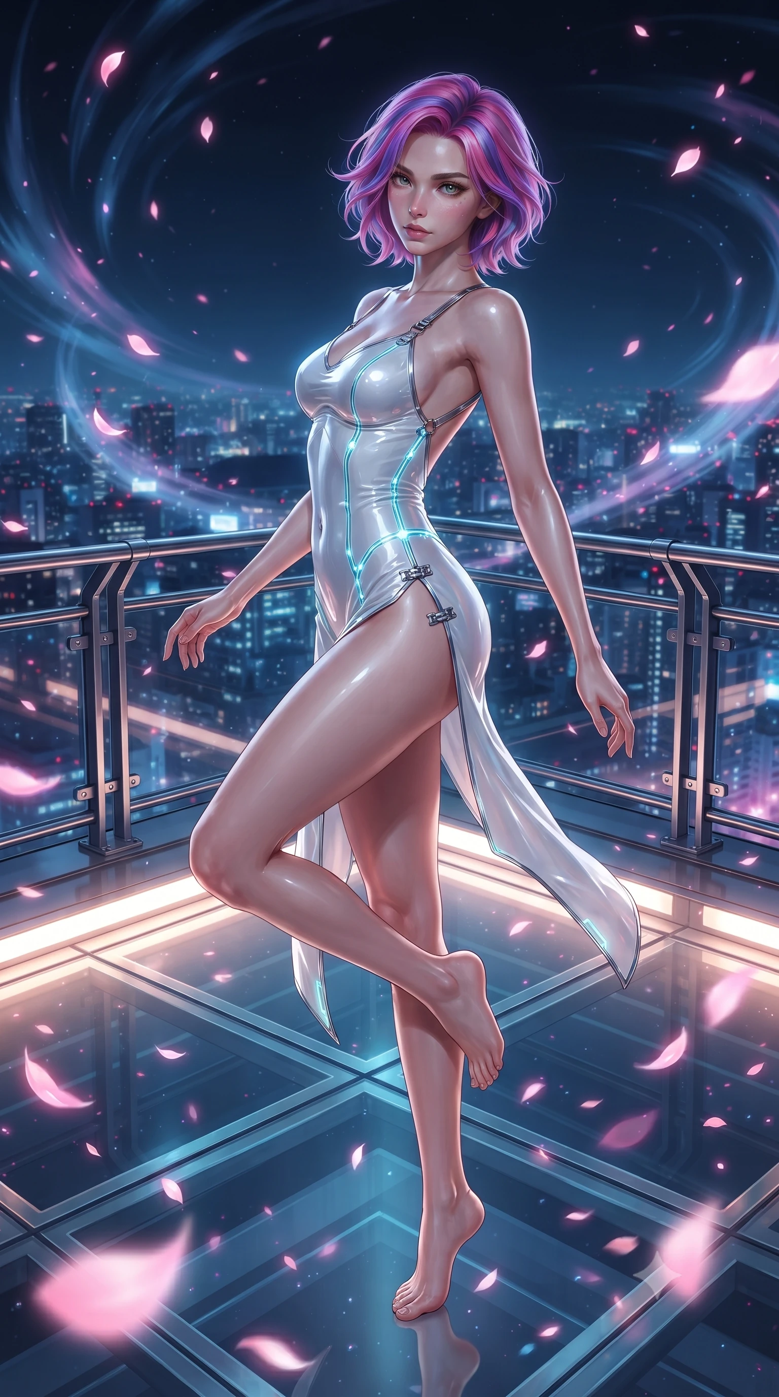 score_9, masterpiece, best quality, ultra-detailed, high-budget anime keyframe, editorial fashion photography, tasteful artistic composition, Caucasian woman. low angle full-body shot from head to toe showing her feet, filling the entire 9:16 vertical frame with her statuesque presence, stretching her vertical silhouette. pivoting dynamically in mid-motion with a breathtakingly alluring posture, displaying her flawless model proportions and ultra-slim waist while pivoting dramatically on a glass rooftop helipad as glowing pink sakura petals swirl across the city night. The surrounding environment is rendered in vivid detail and crisp panoramic clarity. high-altitude wind vortexes and detailed metallic railing textures captured with environmental sharpness. She has an absolutely perfect, statuesque 8.5-heads proportion, an exceptionally tall and slender model-like female figure with impossibly long slender legs and an ultra-slim waist. sharp v-shaped jawline, high-bridge nose, intricate jewel-like eyes with depth, thick eyelashes, glossy lips with a natural sheen, flawlessly proportioned anatomical accuracy, natural body alignment, perfectly sculpted elegant limbs, clean dynamic posture without body distortion. wearing a liquid chrome micro-bodysuit sculpted tightly to her figure, featuring razor-thin metallic straps and an open back in pure snow white latex and glowing cyan circuit seams, formed from high-gloss patent material with specular light reflections, finished with an ultra-high side slit secured by miniature magnetic clasps, the liquid-tight fabric adhering flawlessly to her sculpted torso and slender silhouette. surrounded by a dizzying, windswept, and exhilarating high-altitude sensual aura. ultra-reflective glossy finish, specular highlights, metallic sheen, high-contrast stereoscopic depth, volumetric dynamic lighting, 2k, ultra detail, master piece, 9:16 ratio