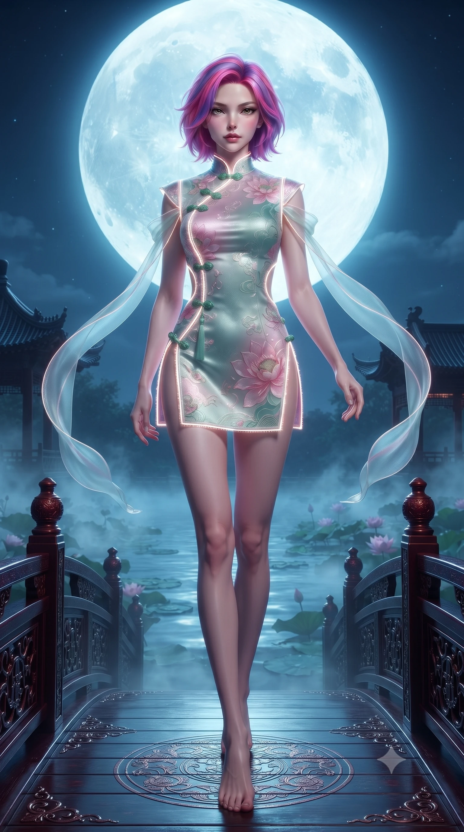score_9, masterpiece, best quality, ultra-detailed, high-budget anime keyframe, editorial fashion photography, tasteful artistic composition, Caucasian woman. low angle full-body shot from head to toe showing her feet, filling the entire 9:16 vertical frame with her statuesque presence, stretching her vertical silhouette. stepping forward gracefully in mid-motion, displaying her toned flat midriff and flawlessly sculpted slender limbs while standing poised on an ornate lacquered wooden bridge over a mist-covered lotus pond beneath a colossal glowing full moon. The surrounding environment is rendered in vivid detail and crisp panoramic clarity. detailed pagoda tile ridges, moonlight reflection paths on water, and silk fabric embroidery in high resolution. She has an absolutely perfect, statuesque 8.5-heads proportion, an exceptionally tall and slender model-like female figure with impossibly long slender legs, a toned flat midriff, and an ultra-slim waist. sharp v-shaped jawline, high-bridge nose, intricate jewel-like eyes with depth, thick eyelashes, glossy lips with a natural sheen, captivating and magnetic expression, flawlessly proportioned anatomical accuracy, strict slender model proportions, natural body alignment, perfectly sculpted long slender limbs, ultra-slim waistline, clean dynamic posture without body distortion. wearing a futuristic embroidered qipao mini dress with glowing fiber-optic seams and side cutouts in lotus petal pink and jade mist, crafted from traditional Korean gossamer silk organza with pearlescent luster, finished with genuine jade button closures and floating celestial silk ribbons, the breezy yet form-flattering drape swaying gracefully with her steps, accentuating her long willowy limbs and slim waistline. illuminated by gentle ambient water bounce light defining her flawless features and slender waist. ultra-reflective glossy finish, specular highlights, rich textural contrasts, high-contrast stereoscopic depth, volumetric dynamic lighting, 2k, ultra detail, master piece, 9:16 ratio