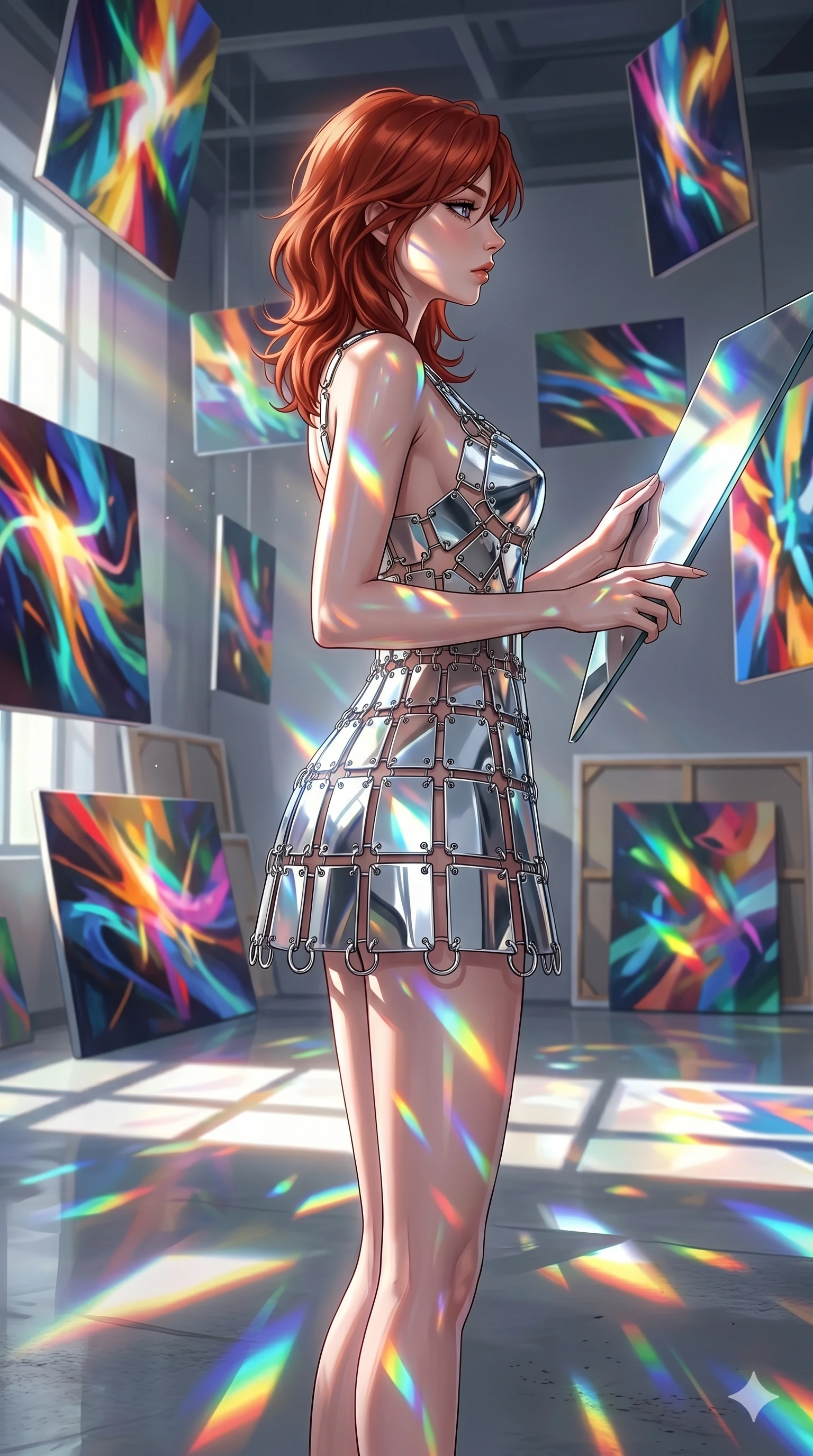 score_9, masterpiece, best quality, ultra-detailed, high-budget anime keyframe, editorial fashion photography, tasteful artistic composition, Korean woman. cowboy shot from the thighs up, character and outfit filling the frame for maximum editorial presence. Turning her face in sharp dramatic profile against the light inside an artist's studio filled with floating canvases showing moving abstract light painting. She has an absolutely perfect 8-heads proportion, an exceptionally tall and slender female figure with impossibly long slender legs and an ultra-slim waist. V-shaped jawline, high-bridge nose, intricate jewel-like eyes with depth, thick eyelashes, glossy lips with a natural sheen. wearing a mini dress made of interconnected silver-chrome plates and small metal rings, forming a structured geometric silhouette. lit by mirror-reflected prismatic spotlights creating geometric light patterns that play across her body. 2k, ultra detail, master piece, 9:16 ratio