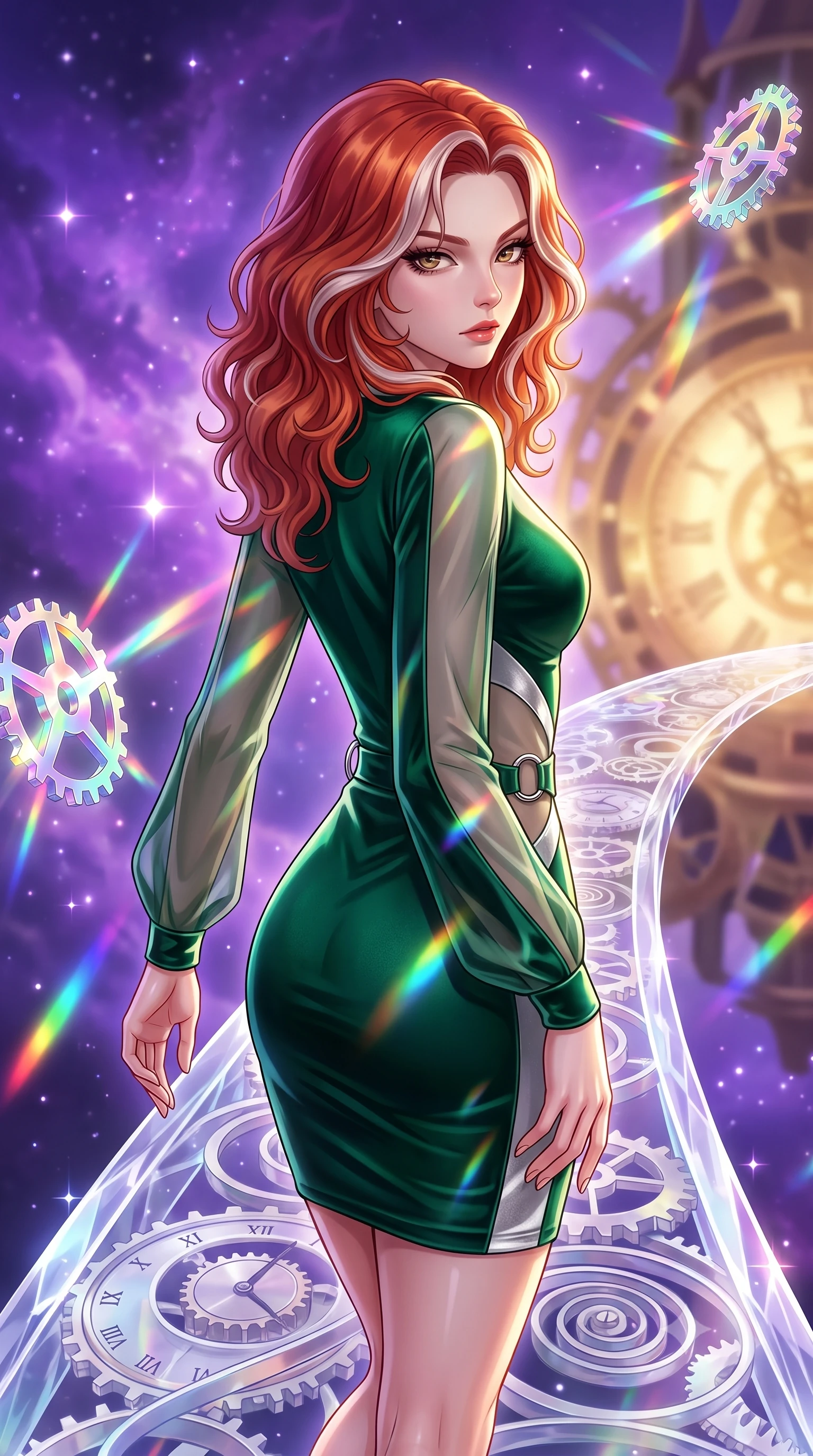 score_9, masterpiece, best quality, ultra-detailed, high-budget anime keyframe, editorial fashion photography, tasteful artistic composition, Caucasian woman. close-up cowboy shot from the waist and thighs up, the character dominates the composition, filling the frame with her large presence, background elements kept in soft focus. Pivoting sharply while looking back over her shoulder with heavy lashes and a confident, intense gaze while balancing on a translucent clock springs bridge under a swirling violet nebula sky, floating prism gears scattering brilliant rainbow light beams across her statuesque build. She has an exceptionally elegant, slender, and willowy female figure with an ultra-slim waist, a gracefully sculpted slender torso, and a refined silhouette. sharp v-shaped jawline, high-bridge nose, intricate jewel-like eyes with depth, thick eyelashes, glossy lips with a natural sheen, flawlessly proportioned anatomical accuracy, natural body alignment, perfectly sculpted elegant limbs, clean dynamic posture without body distortion. wearing a sleek bodycon knit dress with strategic sheer organza sleeve panels in deep emerald green and silver accent, made of premium stretch velvet with a rich sheen, accented with delicate chrome ring hardware framing her waist, the form-contouring material highlighting her ultra-slim waist and long lines. bathed in brilliant starlight and warm golden inner glow from the clockwork citadel. highly saturated vibrant anime colors, detailed shading with soft gradients, rich glossy textures, high-contrast stereoscopic depth, volumetric dynamic lighting, master piece, 9:16 ratio