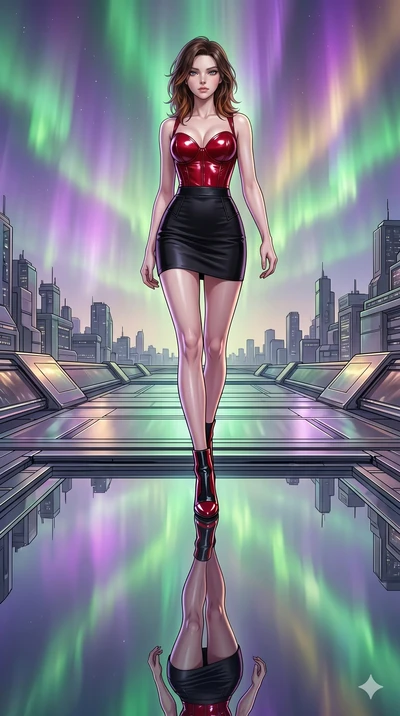 score_9, masterpiece, best quality, ultra-detailed, high-budget anime keyframe, editorial fashion photography, tasteful artistic composition, Korean woman. low angle full-body shot from head to toe showing her feet, filling the entire 9:16 vertical f