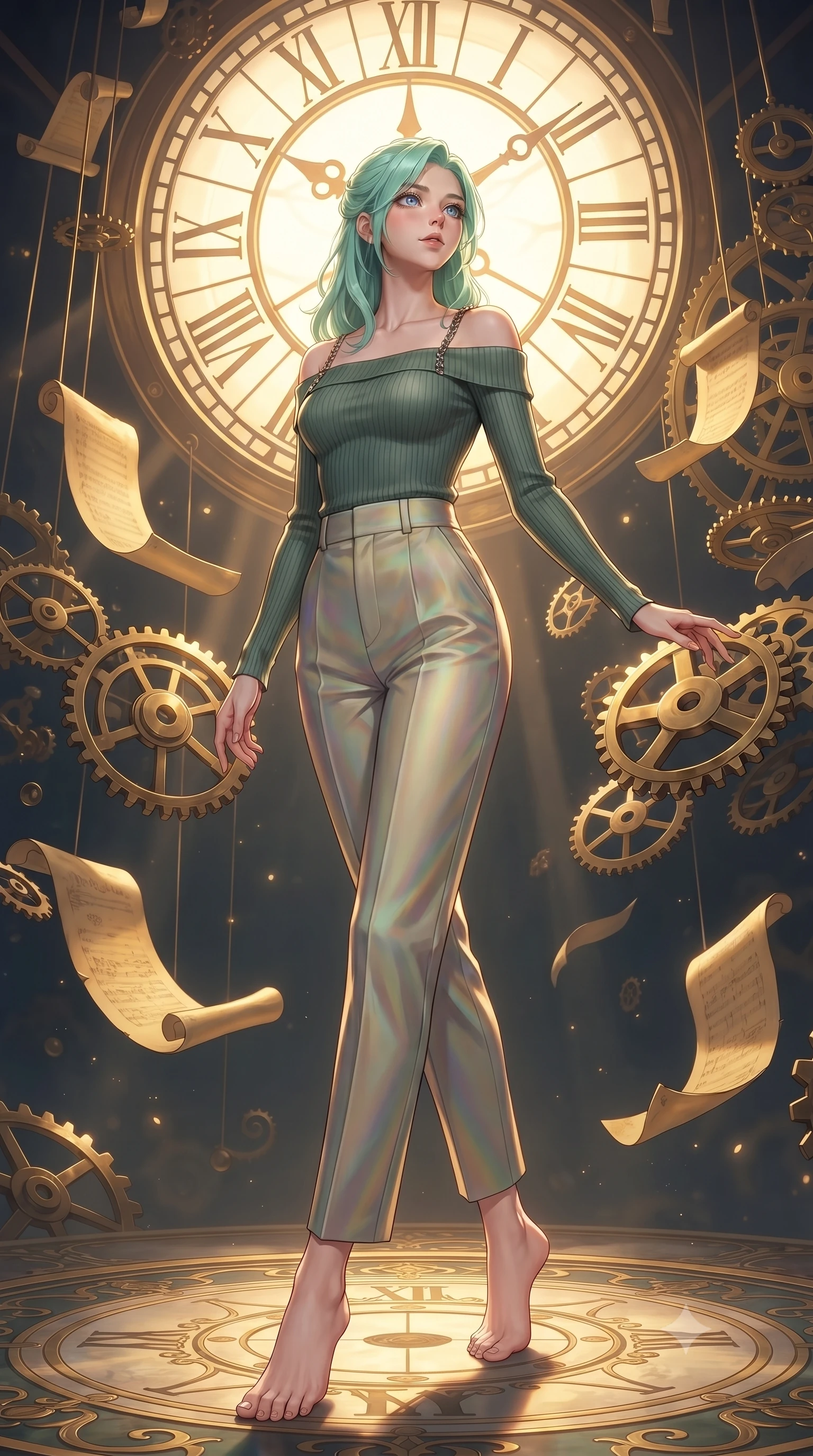 score_9, masterpiece, best quality, ultra-detailed, high-budget anime keyframe, editorial fashion photography, tasteful artistic composition, Japanese woman. low angle full-body shot from head to toe showing her feet, filling the entire 9:16 vertical frame with her statuesque presence, stretching her vertical silhouette. navigating the luminous space with effortless poise, displaying her perfect model proportions surrounded by floating antique brass gears and glowing golden parchment scrolls, dramatic twilight amber light streaming through the giant clock window. She has an absolutely perfect, statuesque 8.5-heads proportion, an exceptionally tall and slender model-like female figure with impossibly long slender legs and an ultra-slim waist. sharp v-shaped jawline, high-bridge nose, intricate jewel-like eyes with depth, thick eyelashes, glossy lips with a natural sheen. wearing a sleek off-shoulder ribbed knit top paired with high-waist tailored pants in sage green and oatmeal, crafted from iridescent chiffon that shifts colors in the light, adorned with delicate metallic chain straps along the neckline, the glove-like fit emphasizing her statuesque silhouette. illuminated by a brilliant golden hour glow filtering through clockwork dials. ultra-reflective glossy finish, specular highlights, metallic sheen, high-contrast stereoscopic depth, volumetric dynamic lighting, 2k, ultra detail, master piece, 9:16 ratio