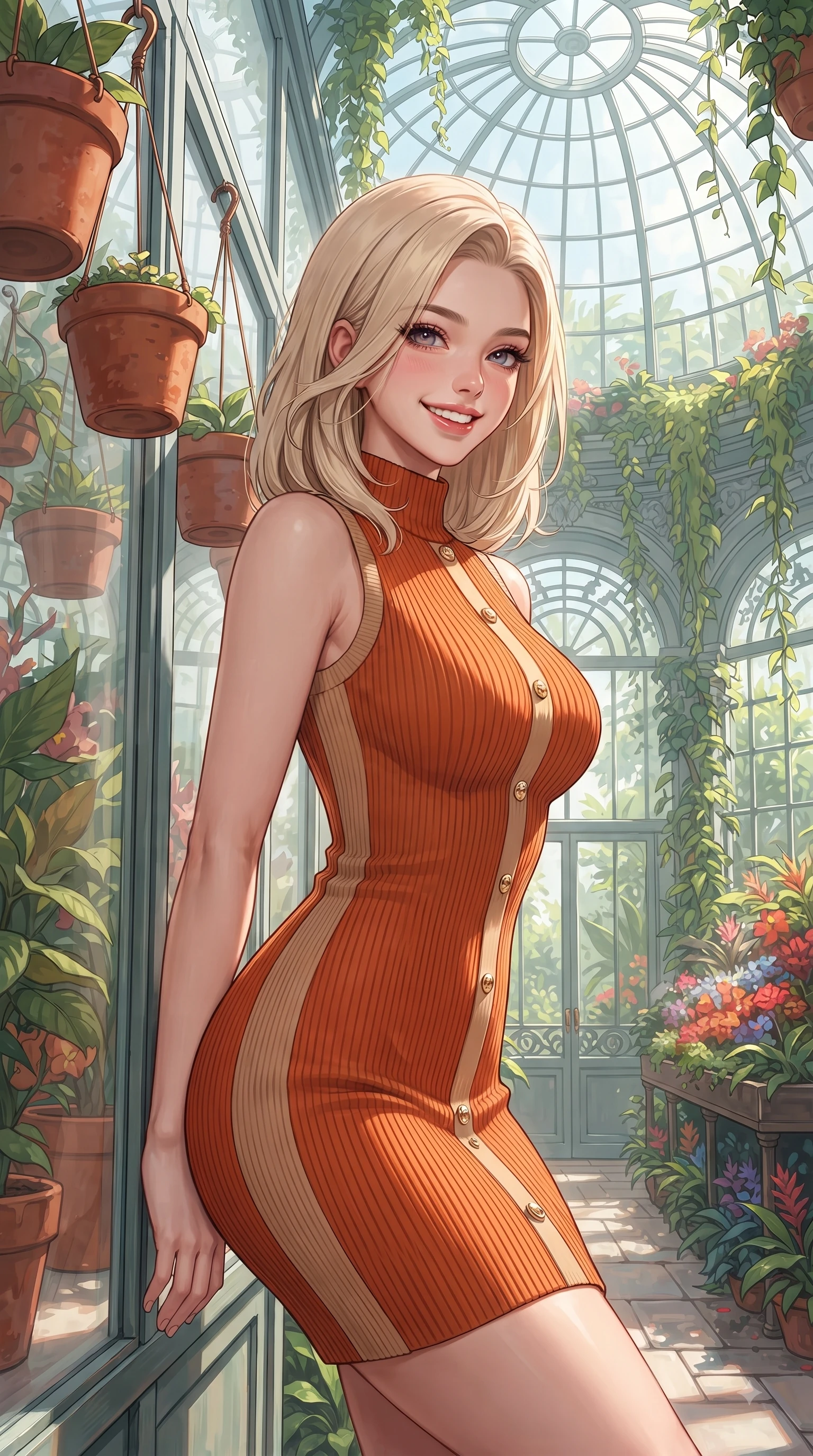 score_9, masterpiece, best quality, ultra-detailed, high-budget anime keyframe, editorial fashion photography, tasteful artistic composition, Caucasian woman. close-up cowboy shot from the waist and thighs up, the character dominates the composition, filling the frame with her large presence. Radiant youthful grin reflecting girlhood charm while casting a playful, joyful side-gaze with heavy lashes while leaning against a glass greenhouse wall surrounded by hanging terracotta flower pots. The surrounding environment is rendered in vivid detail and crisp panoramic clarity. intricate glasshouse dome architecture, cascading tropical vines, and vibrant botanical displays in deep focus. She has an exceptionally elegant, slender, and willowy female figure with an ultra-slim waist, a gracefully sculpted slender torso, and a refined silhouette. sharp v-shaped jawline, high-bridge nose, intricate jewel-like eyes with depth, thick eyelashes, glossy lips with a natural sheen, flawlessly proportioned anatomical accuracy, natural body alignment, perfectly sculpted elegant limbs, clean dynamic posture without body distortion. wearing a high-neck sleeveless ribbed knit dress following her statuesque figure like a glove in bright burnt orange and warm beige, made of premium stretch jersey that follows her curves like a glove, adorned with delicate gold buttons along the front, the sleek second-skin texture accentuating her magnetic presence. surrounded by a peaceful, sun-drenched, and healing greenhouse atmosphere. ultra-reflective glossy finish, specular highlights, metallic sheen, high-contrast stereoscopic depth, volumetric dynamic lighting, 2k, ultra detail, master piece, 9:16 ratio