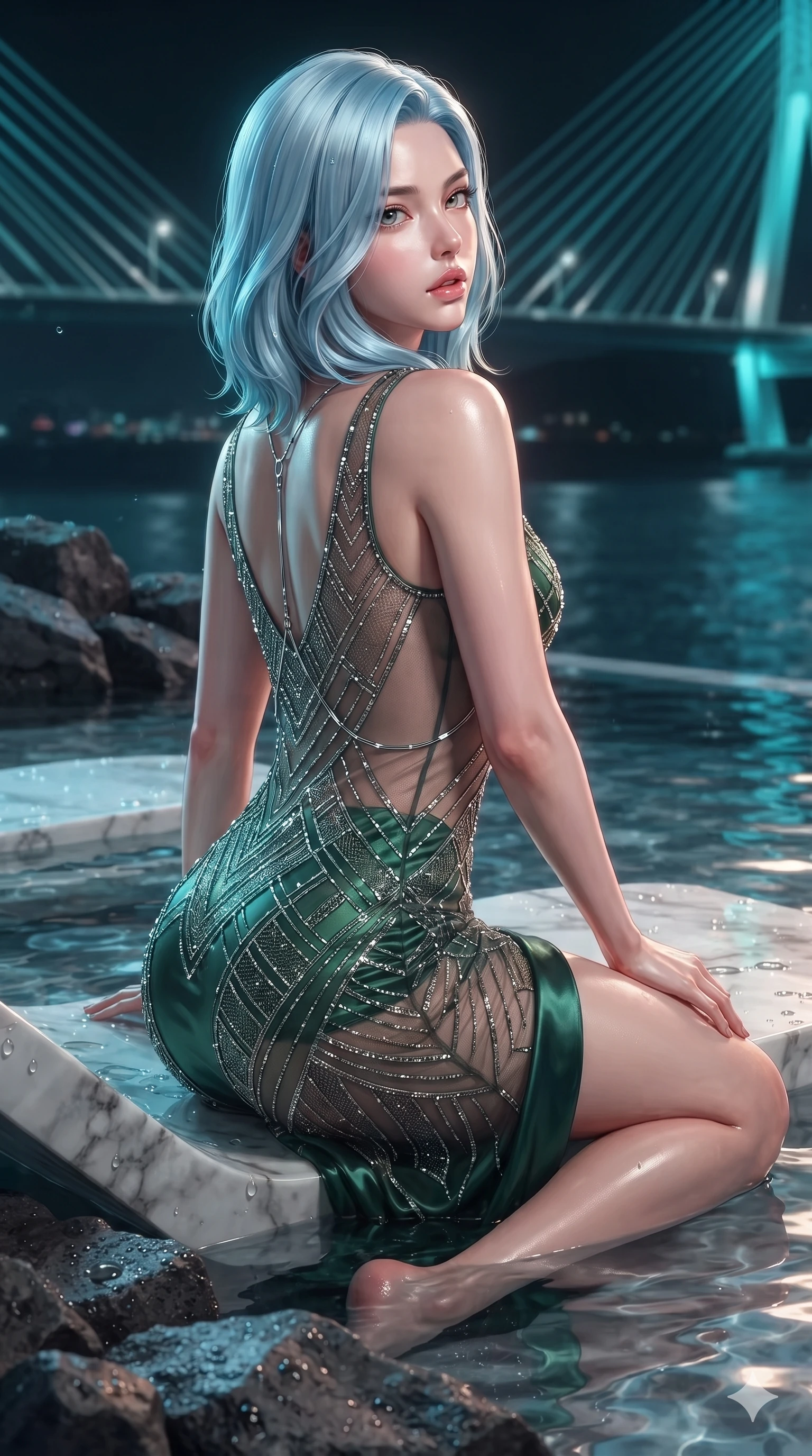 score_9, masterpiece, best quality, ultra-detailed, high-budget anime keyframe, editorial fashion photography, tasteful artistic composition, Korean woman. close-up cowboy shot from the waist and thighs up, the character dominates the composition, filling the frame with her large presence. posing in an alluring rear three-quarter angle, looking over a bare shoulder with parted glossy lips, her hips cocked back to highlight her slim hourglass curve while reclining on the submerged marble chaise with one knee bent, looking back over her shoulder with an intoxicating smoldering bedroom-gaze. The surrounding environment is rendered in vivid detail and crisp panoramic clarity: sharp textured volcanic basalt rock edges, glistening water droplets on polished stone, and crisp neon bridge cables in deep focus. She has an exceptionally elegant, slender, and willowy female figure with an ultra-slim waist, flat toned midriff, narrow ribcage, and sculpted feminine hips creating an alluring, slim hourglass silhouette without bulk. sharp v-shaped jawline, high-bridge nose, intricate jewel-like sparkling eyes with depth, thick eyelashes, glossy parted lips with a natural sheen, intensely captivating and seductive bedroom-eyes expression, exuding both youthful cute charm and sovereign luxury allure, flawlessly proportioned anatomical accuracy, strict slender model proportions, natural body alignment, perfectly sculpted long slender limbs, ultra-slim waistline, clean dynamic posture without body distortion. wearing a sheer vintage mesh flapper dress adorned with intricate geometric beadwork over an opaque silk micro-slip in deep emerald green satin and gold hardware accents, featuring strategic sheer-illusion tulle side panels framing her ribcage and hips, accented with a chrome-drop body harness subtly framing her dewy collarbones and spine, the form-contouring material adhering flawlessly to her sculpted flat midriff and slender torso, emphasizing her long leg lines and perfectly proportioned willowy build. illuminated by water surface ripple reflections and sharp turquoise-amber rim lights carving her sculpted collarbones, ultra-slim waist, and curvy hips. ultra-reflective glossy finish, specular highlights, rich textural contrasts, high-contrast stereoscopic depth, volumetric dynamic lighting, 2k, ultra detail, master piece, 9:16 ratio