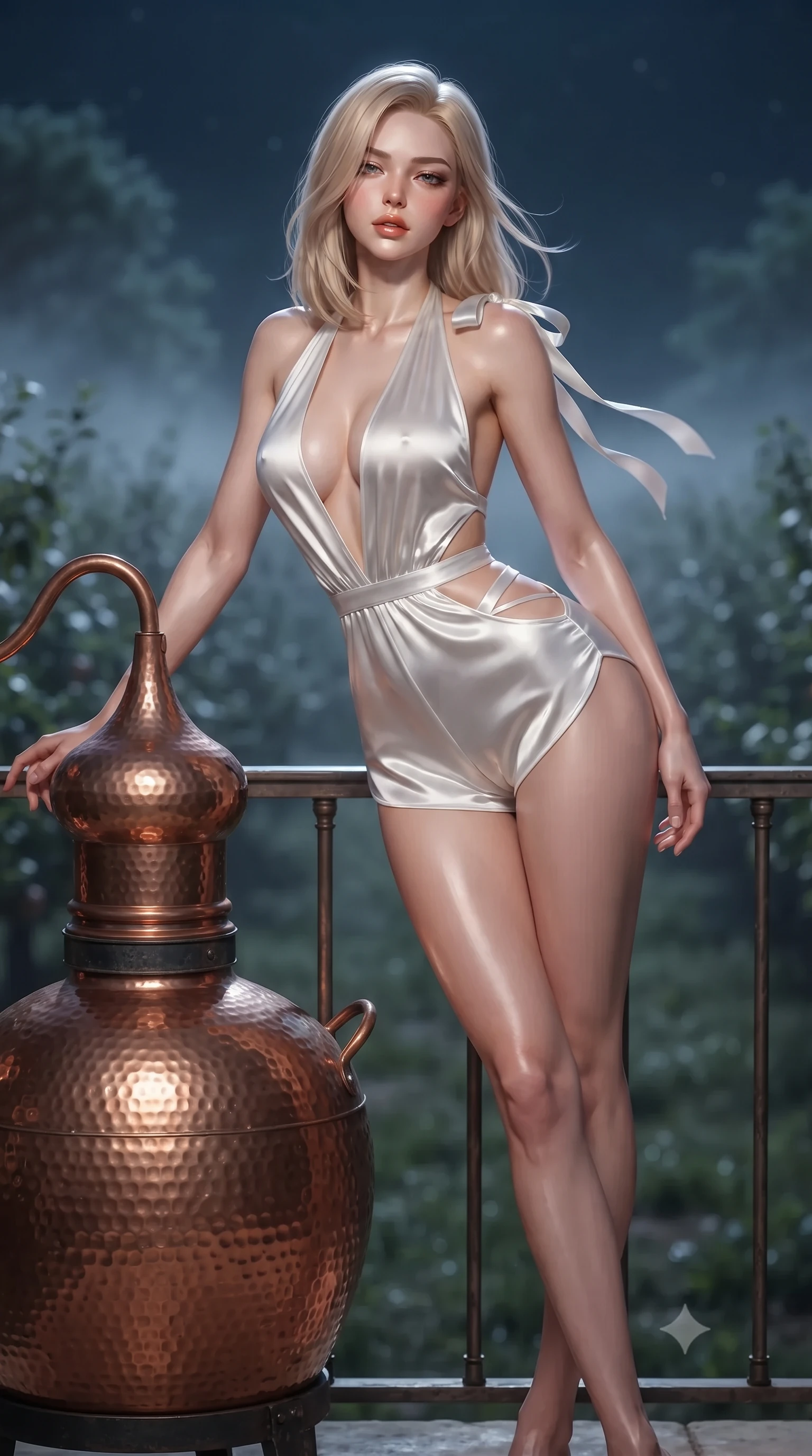 score_9, masterpiece, best quality, ultra-detailed, high-budget anime keyframe, editorial fashion photography, tasteful artistic composition, Korean woman. low angle full-body shot from head to toe showing her feet, filling the entire 9:16 vertical frame with her statuesque presence, stretching her vertical silhouette. leaning deep against the balcony balustrade with hips cocked back in an unapologetically alluring high-fashion stance, casting an intoxicating glance while leaning against the antique hammered copper cider alembic with hips cocked back, looking into moonlit orchard rows with heavy-lidded bedroom-eyes. The background shows a soft-focus gentle distillation mist softened in pastoral French countryside shallow focus. She has an exceptionally tall and slender model-like 8.5-heads proportion, an ultra-slim waist, a flat toned midriff, narrow delicate ribcage, and beautifully sculpted feminine hips creating a graceful, slim hourglass silhouette without any bulky heaviness, with impossibly long slender legs. sharp v-shaped jawline, high-bridge nose, intricate jewel-like sparkling eyes with depth, thick eyelashes, glossy parted lips with a natural peach sheen, bright cheerful beaming smile with an enchanting and coquettish sensual glint, exuding both youthful cute charm and seductive allure, flawlessly proportioned anatomical accuracy, strict slender model proportions, natural body alignment, perfectly sculpted long slender limbs, ultra-slim waistline, clean dynamic posture without body distortion. wearing a daring low-cut halterneck romper with exposed midriff and strappy hip cutouts in pure translucent crystal white and liquid platinum, crafted from fluid liquid silk satin that clings smoothly to her narrow waist and rounded hips with a dewy sheen, finished with satin ribbon ties at the shoulders fluttering in the gentle breeze, the impeccably tailored cut draping gracefully along her slender figure with aristocratic poise. illuminated by copper vessel reflection bounce and sharp rose-gold rim lights sculpting her jawline, narrow waist, and curvy hips. ultra-reflective glossy finish, specular highlights, rich textural contrasts, high-contrast stereoscopic depth, volumetric dynamic lighting, 2k, ultra detail, master piece, 9:16 ratio