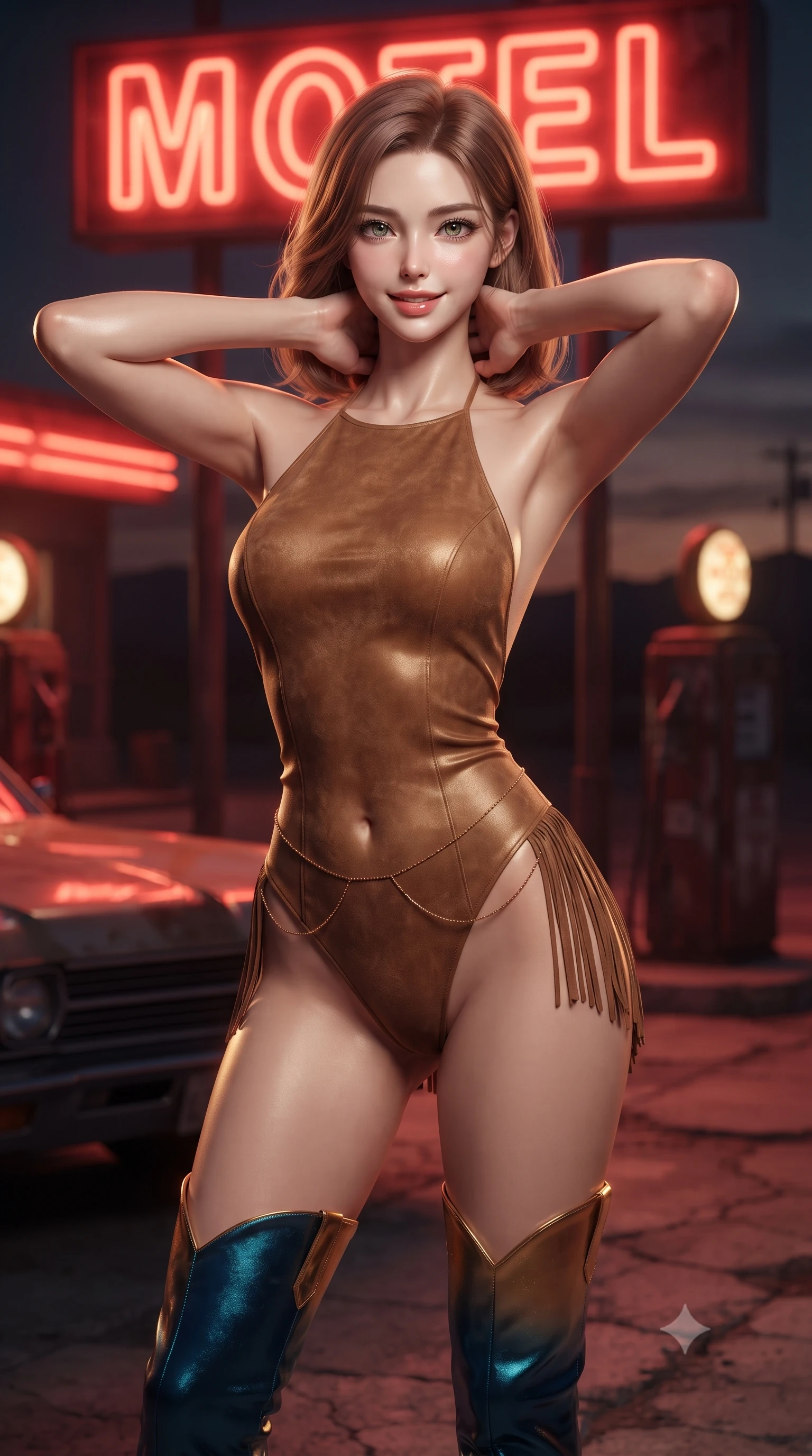 score_9, masterpiece, best quality, ultra-detailed, high-budget anime keyframe, editorial fashion photography, tasteful artistic composition, Korean woman. close-up cowboy shot from the waist and thighs up, the character dominates the composition, filling the frame with her large presence. resting both hands lightly behind her neck with elbows raised, arching her spine to highlight her narrow waist, flat midriff, and breathtaking collarbones while standing poised beneath the flickering neon motel sign, arching her spine with dangerous seductive cool as evening descends. The background shows a soft-focus flickering red neon motel tubes, rusted gas pumps, and cracked concrete cracked pavements blurred into ruby, rust, and desert dusk bokeh. She has an exceptionally elegant, slender, and willowy female figure with an ultra-slim waist, flat toned midriff, narrow ribcage, and sculpted feminine hips creating an alluring, slim hourglass silhouette without bulk. sharp v-shaped jawline, high-bridge nose, sparkling eyes with hypnotic seductive depth, thick curled eyelashes, glossy parted lips with a natural dewy peach sheen, alluring bedroom-eyes with an enchanting coquettish smile, exuding magnetic siren charisma and sophisticated glamour, flawlessly proportioned anatomical accuracy, strict slender model proportions, natural body alignment, perfectly sculpted long slender limbs, ultra-slim waistline, clean dynamic posture without body distortion. wearing a slinky backless halterneck suede leotard with fringe accents along the side hips and thigh-high cowboy boots in molten liquid gold and deep ocean sapphire, crafted from fluid liquid silk satin that clings smoothly to every curve with a dewy sheen, accented with a dainty gold belly chain resting across her flat midriff and curving hips, the glove-like clinging cut tightly following the natural contour of her hips and long slender legs with youthful 8.5-heads elegance. illuminated by car hood reflections and sharp warm-gold rim lights defining her delicate clavicles, ultra-slim waist, and curvy hips. ultra-reflective glossy finish, specular highlights, rich textural contrasts, high-contrast stereoscopic depth, volumetric dynamic lighting, 2k, ultra detail, master piece, 9:16 ratio
