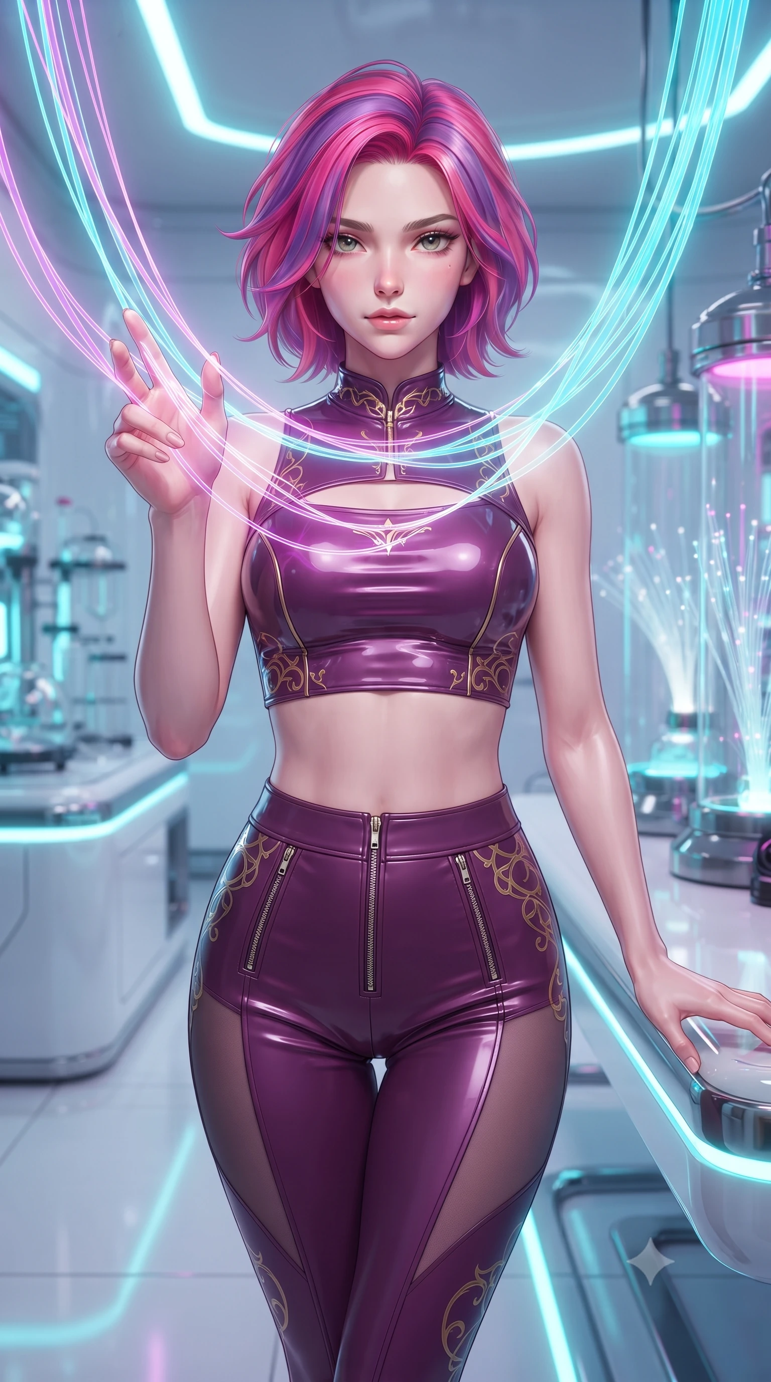 score_9, masterpiece, best quality, ultra-detailed, high-budget anime keyframe, editorial fashion photography, tasteful artistic composition, Caucasian woman. close-up cowboy shot from the waist and thighs up, the character dominates the composition, filling the frame with her large presence, background elements kept in soft focus. Reaching one hand gracefully toward the viewer with effortless superiority and allure threading neon fiber-optic ribbons in a futuristic laboratory room, sleek reflective white and chrome surfaces emphasizing ultra-clean lines. She has an exceptionally elegant, slender, and willowy female figure with an ultra-slim waist, a gracefully sculpted slender torso, and a refined silhouette. sharp v-shaped jawline, high-bridge nose, intricate jewel-like eyes with depth, thick eyelashes, glossy lips with a natural sheen. wearing a glossy vinyl crop top and high-waist tailored leggings with sleek zippers in plum purple and gold filigree, woven from fine semi-opaque sheer organza, accented with a Tasteful chest slit framing her clavicle gracefully, the form-contouring material highlighting her ultra-slim waist and long lines. bathed in brilliant neon cyan and magenta rim light with clean white ambient glow. highly saturated vibrant anime colors, detailed shading with soft gradients, rich glossy textures, high-contrast stereoscopic depth, volumetric dynamic lighting, master piece, 9:16 ratio