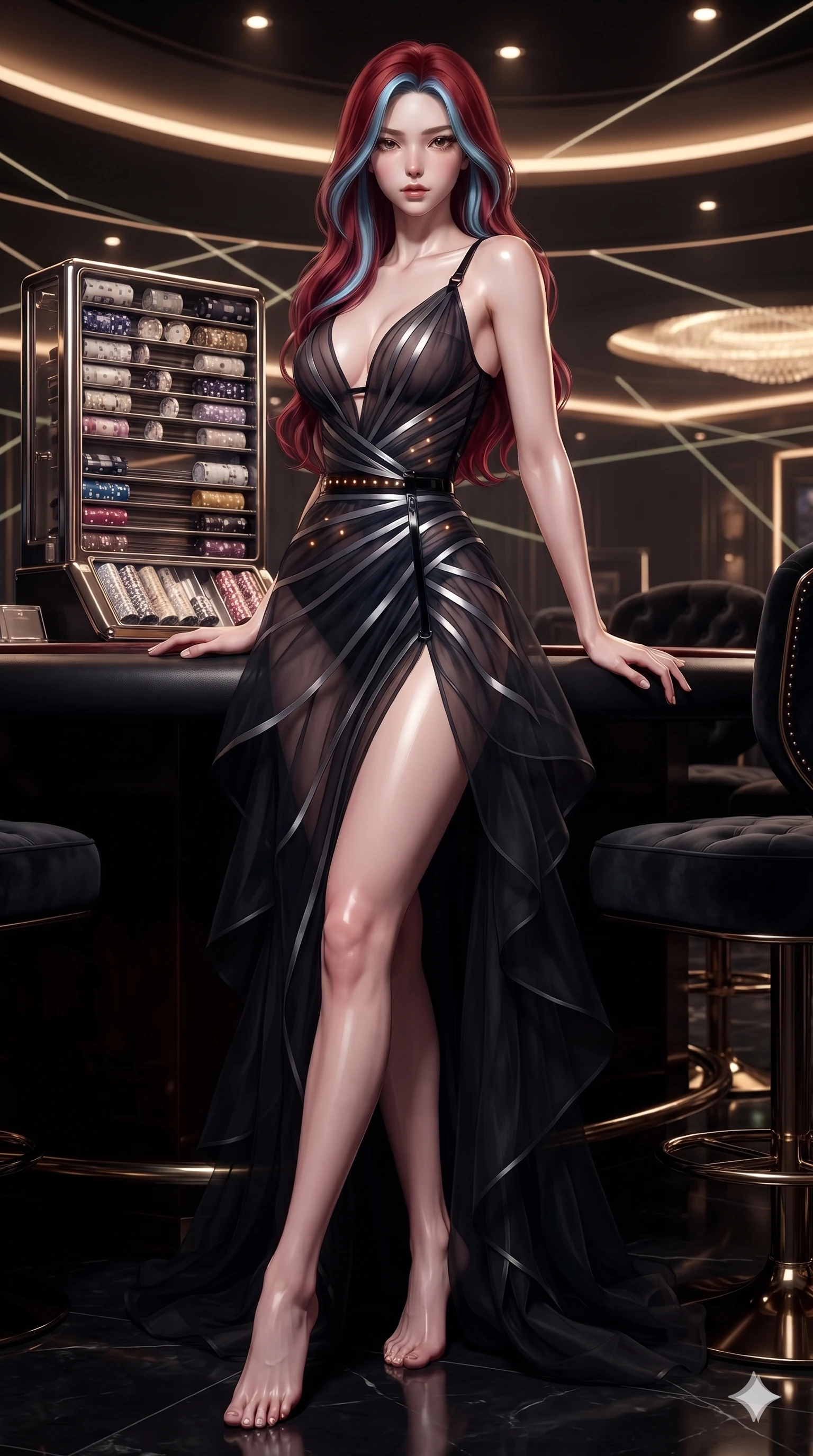 score_9, masterpiece, best quality, ultra-detailed, high-budget anime keyframe, editorial fashion photography, tasteful artistic composition, Caucasian woman. low angle full-body shot from head to toe showing her feet, filling the entire 9:16 vertical frame with her statuesque presence, stretching her vertical silhouette. poised on the dark reflective floor while laser grids scan the room, her statuesque silhouette commanding the frame while twisting her slender torso in an alluring contrapposto stance beside the titanium chip rack, warm amber pin-spots tracing her flat midriff and hips. The surrounding environment is rendered in vivid detail and crisp panoramic clarity: sharp card shoe titanium mechanisms, mother-of-pearl casino chip inlays, and tufted black velvet salon chairs in deep focus. She has an absolutely perfect, statuesque 8.5-heads proportion, an exceptionally tall and slender model-like female figure with impossibly long slender legs, an ultra-slim waist, a flat toned midriff, narrow delicate ribcage, and beautifully sculpted feminine hips creating a graceful, slim hourglass silhouette without any bulky heaviness. sharp v-shaped jawline, high-bridge nose, intricate jewel-like dark sparkling eyes with hypnotic seductive depth, thick curled eyelashes, glossy parted lips with a natural wine sheen, alluring bedroom-eyes with an enigmatic smoldering smile, exuding magnetic sovereign charisma and dark avant-garde glamour, flawlessly proportioned anatomical accuracy, strict slender model proportions, natural body alignment, perfectly sculpted long slender limbs, ultra-slim waistline, clean dynamic posture without body distortion. wearing a plunge-front sheer illusion tulle slip dress with liquid platinum ribbon stripes hugging her curves in midnight navy blue and smoky pitch black, crafted from layered gossamer black organza with weightless, smoky flutter, adorned with minimalist black onyx hardware framing the silhouette, the liquid-tight tailored fabric clinging flawlessly to her narrow waist and rounded feminine hips, emphasizing every millimeter of her sculpted slim hourglass curves without any bulky heaviness. illuminated by polished mahogany table bounce and sharp champagne-gold rim lights sculpting her razor-sharp jawline, narrow waist, and curvy hips. ultra-reflective glossy finish, specular highlights, metallic sheen, high-contrast stereoscopic depth, volumetric dynamic lighting, 2k, ultra detail, master piece, 9:16 ratio