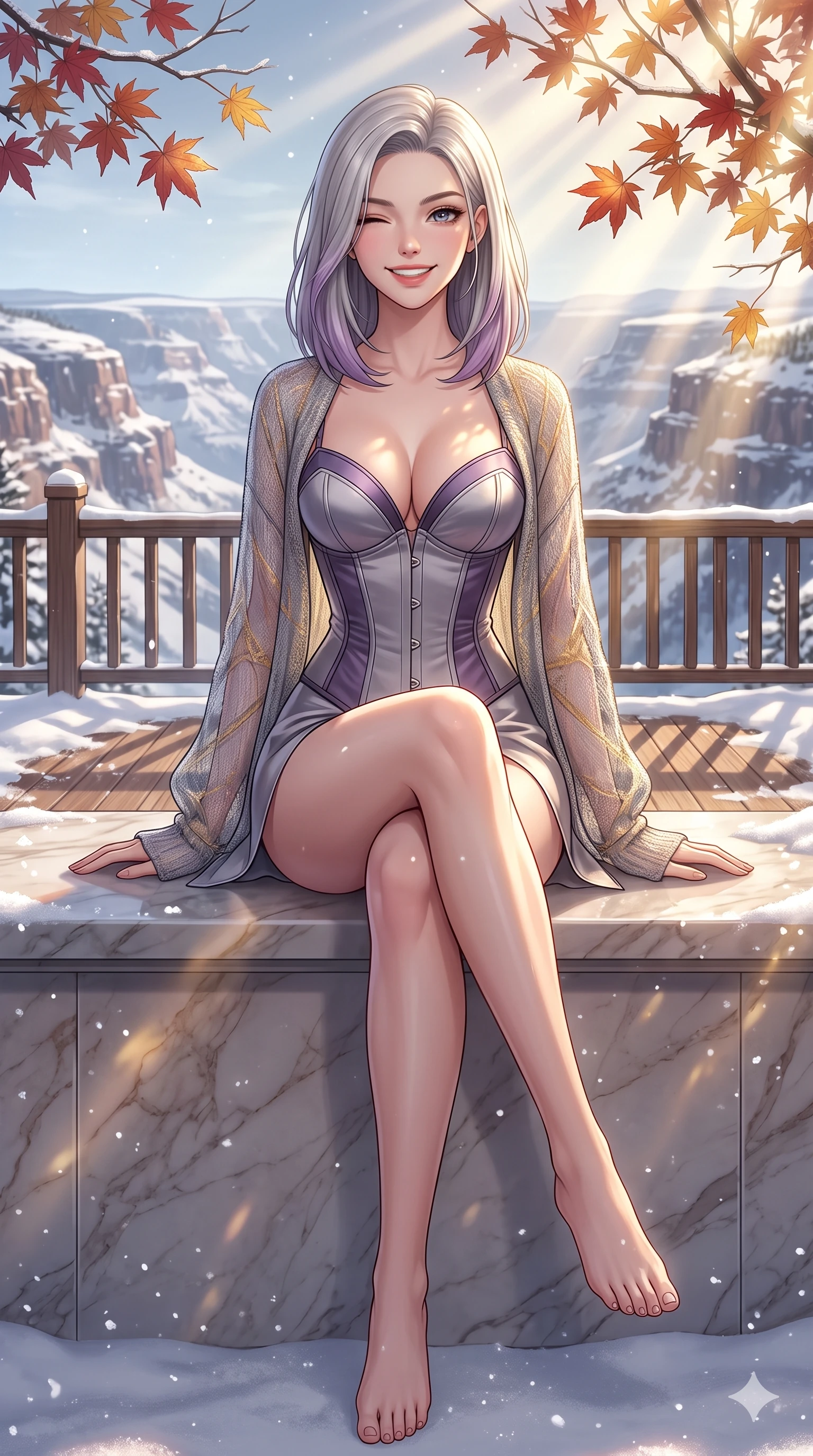score_9, masterpiece, best quality, ultra-detailed, high-budget anime keyframe, vibrant anime aesthetic, Caucasian woman, strictly human ears. cowboy shot from the thighs up, character and outfit filling the frame for maximum presence. She is sitting on a marble ledge, winking and smiling cheerfully at the viewer in snow by a mountain resort deck overlooking the snowy canyon (Code-P21-150). She has an absolutely perfect 8-heads proportion, an exceptionally tall and slender female figure with impossibly long slender legs and an ultra-slim waist. V-shaped jawline, high-bridge nose, intricate jewel-like eyes with depth, thick eyelashes, glossy lips with a natural sheen. wearing a structured satin corset showing her cleavage and a sheer winter wrap. She is soft gold sunbeams filtered through autumn maples, creating a mystical and elegant glow. 2k, ultra detail, master piece, 9:16 ratio