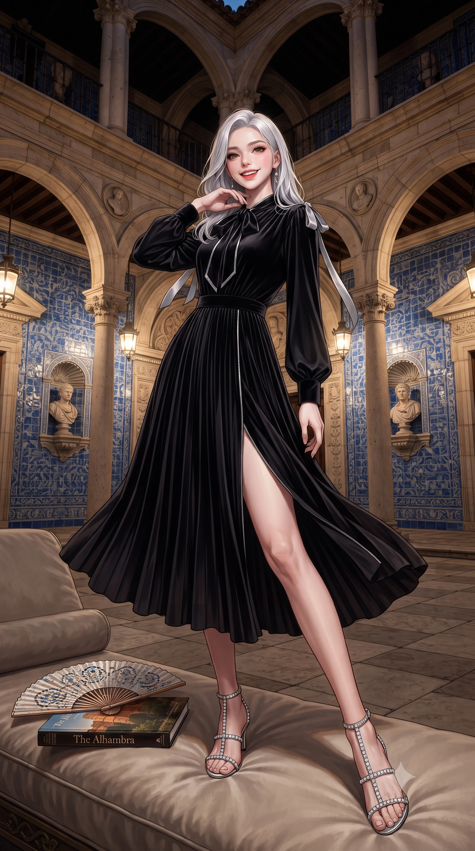 score_9, masterpiece, best quality, ultra-detailed, high-budget anime keyframe, editorial fashion photography, tasteful artistic composition, Korean woman. low angle full-body shot from head to toe showing her feet, filling the entire 9:16 vertical frame with her statuesque presence, stretching her vertical silhouette. reclining gracefully across the plush chaise lounge with one leg extended, her sculpted silhouette and flat midriff radiating magnetic nocturnal glamour while standing centered in the monumental central courtyard surrounded by vibrant blue-glazed azulejo tiles and classical Roman bust niches, arching her spine with aristocratic supermodel charisma. The surrounding environment is rendered in vivid detail and crisp panoramic clarity: detailed garment tailoring, fabric drape, and historic Spanish palace architecture in high resolution. She has an exceptionally tall and slender model-like 8.5-heads proportion, an ultra-slim waist, a flat toned midriff, narrow delicate ribcage, and beautifully sculpted feminine hips creating a graceful, slim hourglass silhouette without any bulky heaviness, with impossibly long slender legs. sharp v-shaped jawline, high-bridge nose, intricate jewel-like sparkling eyes with depth, thick eyelashes, glossy parted lips with a natural peach sheen, bright cheerful beaming smile with an enchanting and coquettish sensual glint, exuding both youthful cute charm and seductive allure, flawlessly proportioned anatomical accuracy, strict slender model proportions, natural body alignment, perfectly sculpted long slender limbs, ultra-slim waistline, clean dynamic posture without body distortion. wearing an elegant long-sleeve silk georgette tea dress with pleated A-line skirt and neck pussy-bow in Vik black sand obsidian and glacier crystal silver, tailored from ultra-plush silk velvet with rich tactile depth and deep shadow gradients, finished with satin ribbon ties at the shoulders fluttering in the gentle breeze, the impeccably tailored cut draping gracefully along her slender figure with aristocratic poise. bathed in the soft ambient 2700K incandescent glow of courtyard wall lanterns and marble uplights. ultra-reflective glossy finish, specular highlights, rich textural contrasts, high-contrast stereoscopic depth, volumetric dynamic lighting, 2k, ultra detail, master piece, 9:16 ratio