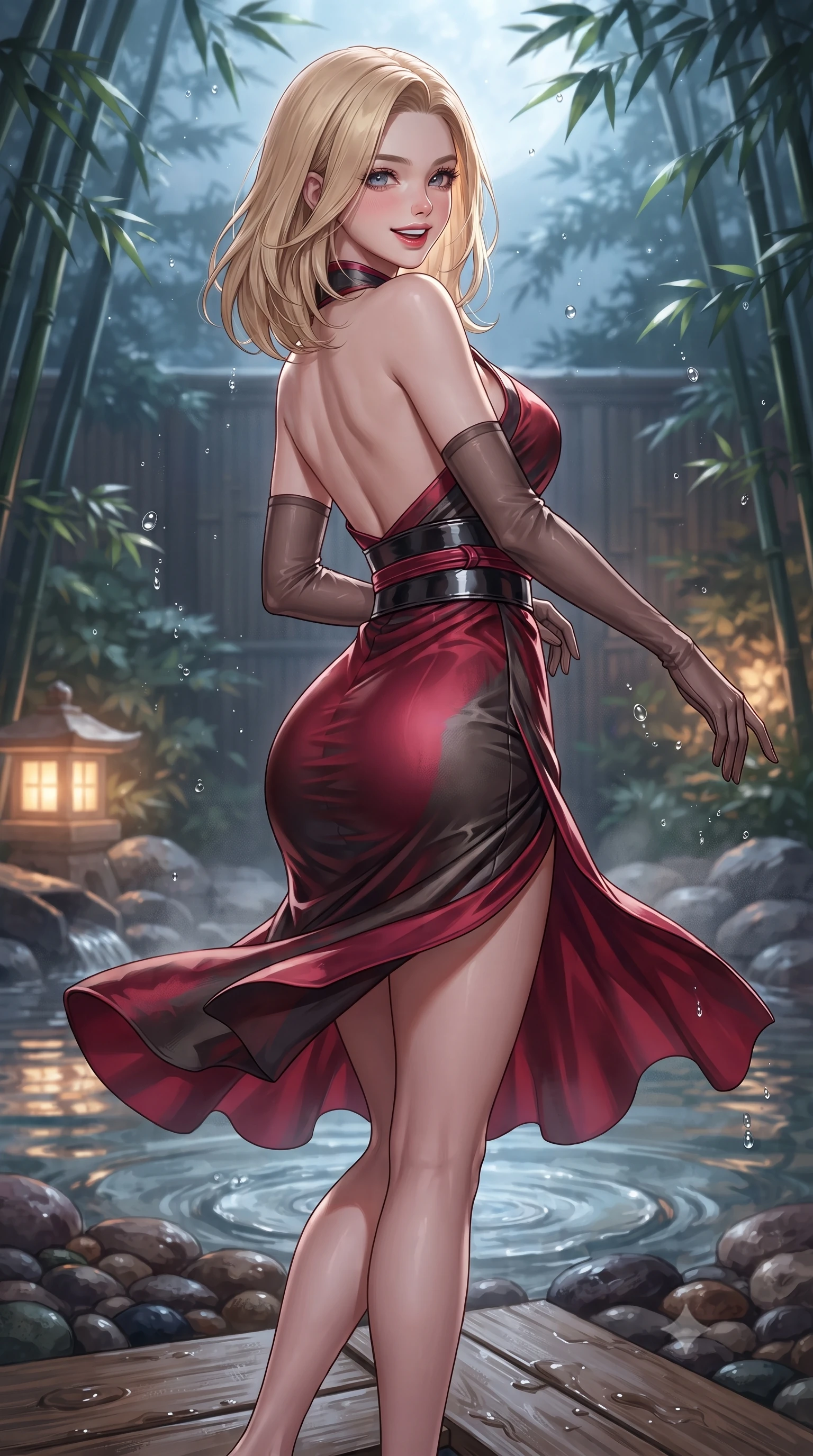 score_9, masterpiece, best quality, ultra-detailed, high-budget anime keyframe, editorial fashion photography, tasteful artistic composition, Korean woman. low angle full-body shot from head to toe showing her feet, filling the entire 9:16 vertical frame with her statuesque presence, stretching her vertical silhouette. executing a slow, graceful pivot turn as her skirt sways around her slender legs, glancing back with an enchanting, teasing sensual expression while twisting her slender torso in an alluring S-curve, glistening hot spring droplets and silver moonlight tracing her flat midriff and hips. The surrounding environment is rendered in vivid detail and crisp panoramic clarity: sharp wet hinoki wood grain textures, steaming water ripples, and smooth river pebble flooring in deep focus. She has an exceptionally tall and slender model-like 8.5-heads proportion, an ultra-slim waist, a flat toned midriff, narrow delicate ribcage, and beautifully sculpted feminine hips creating a graceful, slim hourglass silhouette without any bulky heaviness, with impossibly long slender legs. sharp v-shaped jawline, high-bridge nose, intricate jewel-like sparkling eyes with depth, thick eyelashes, glossy parted lips with a natural peach sheen, bright cheerful beaming smile with an enchanting and coquettish sensual glint, exuding both youthful cute charm and seductive allure, flawlessly proportioned anatomical accuracy, strict slender model proportions, natural body alignment, perfectly sculpted long slender limbs, ultra-slim waistline, clean dynamic posture without body distortion. wearing a backless Japanese silk robe-inspired cocktail dress slipping gracefully off bare shoulders with a cinched obi belt in rich ruby crimson and dark brushed titanium, crafted from high-tensile reflective patent leather with sleek specular highlights, complemented by sheer opera-length evening gloves tracing her slender arms, the liquid-tight tailored fabric clinging flawlessly to her narrow waist and rounded feminine hips, emphasizing every millimeter of her sculpted slim hourglass curves without any bulky heaviness. bathed in mystical cool silver moonlight filtering through swaying bamboo leaves combined with warm 2700K stone lantern glow. ultra-reflective glossy finish, specular highlights, rich textural contrasts, high-contrast stereoscopic depth, volumetric dynamic lighting, 2k, ultra detail, master piece, 9:16 ratio
