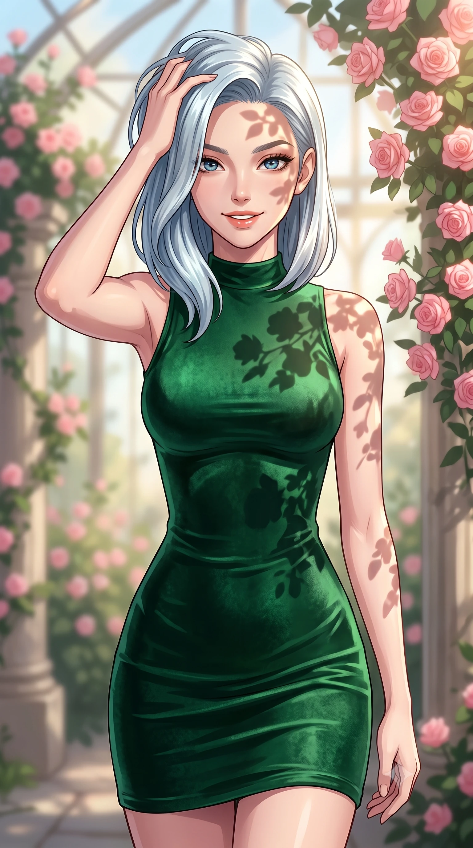 score_9, masterpiece, best quality, ultra-detailed, high-budget anime keyframe, tasteful artistic composition, Korean woman. close-up cowboy shot from the waist and thighs up, the character dominates the composition, filling the frame with her large presence, background elements kept in soft focus. smiling with quiet, magnetic self-assurance directly into the camera, running a hand through her hair the background shows a soft-focus a secluded rose garden glasshouse with climbing pink roses and stone pillars. She has an exceptionally elegant, slender, and willowy female figure with an ultra-slim waist, a gracefully sculpted slender torso, and a refined silhouette. sharp v-shaped jawline, high-bridge nose, intricate jewel-like eyes with depth, thick eyelashes, glossy lips with a natural sheen. wearing a slim-fit body-hugging emerald green velvet dress with a simple mock-neck collar. soft morning sunrays casting elegant shadows of the roses and leaves. highly saturated vibrant anime colors, cel-shading, 2d style, master piece, 9:16 ratio