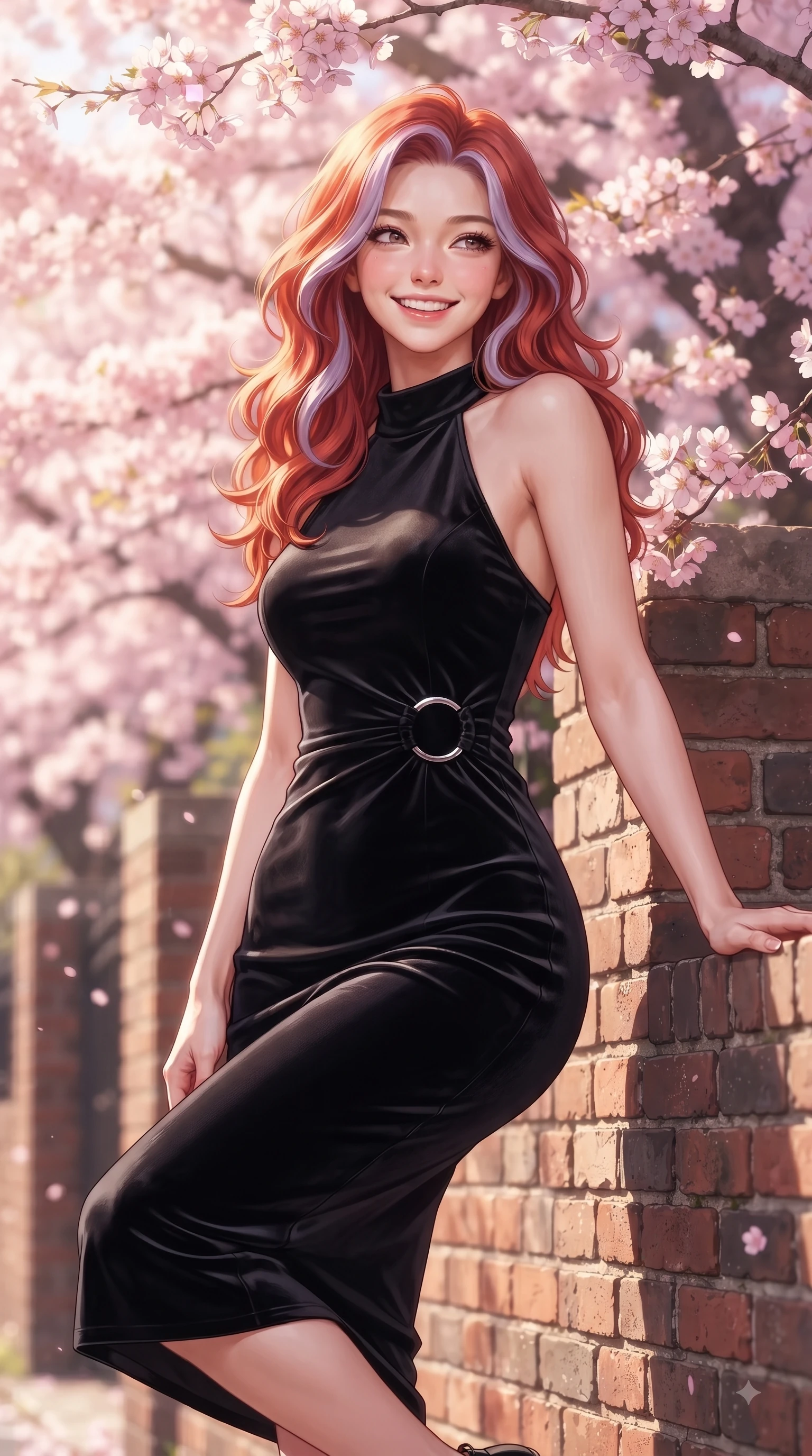 score_9, masterpiece, best quality, ultra-detailed, high-budget anime keyframe, editorial fashion photography, tasteful artistic composition, Caucasian woman. close-up cowboy shot from the waist and thighs up, the character dominates the composition, filling the frame with her large presence, background elements kept in soft focus. Radiant youthful grin reflecting college charm while casting a playful, joyful side-gaze with heavy lashes while resting against an antique brick school wall covered in spring blossoms with a beaming face, dense canopies of pink cherry blossoms fluttering in a gentle spring morning breeze. She has an exceptionally elegant, slender, and willowy female figure with an ultra-slim waist, a gracefully sculpted slender torso, and a refined silhouette. sharp v-shaped jawline, high-bridge nose, intricate jewel-like eyes with depth, thick eyelashes, glossy lips with a natural sheen, flawlessly proportioned anatomical accuracy, natural body alignment, perfectly sculpted elegant limbs, clean dynamic posture without body distortion. wearing a velvet halter-neck midi dress following her form like a glove in matte black and polished silver, made of premium stretch velvet with a rich sheen, accented with delicate chrome ring hardware framing her waist, the tailored fabric tightly following every curve of her athletic build. bathed in bright morning sunbeams and warm golden sakura backlighting. ultra-reflective glossy finish, specular highlights, metallic sheen, high-contrast stereoscopic depth, volumetric dynamic lighting, 2k, ultra detail, master piece, 9:16 ratio