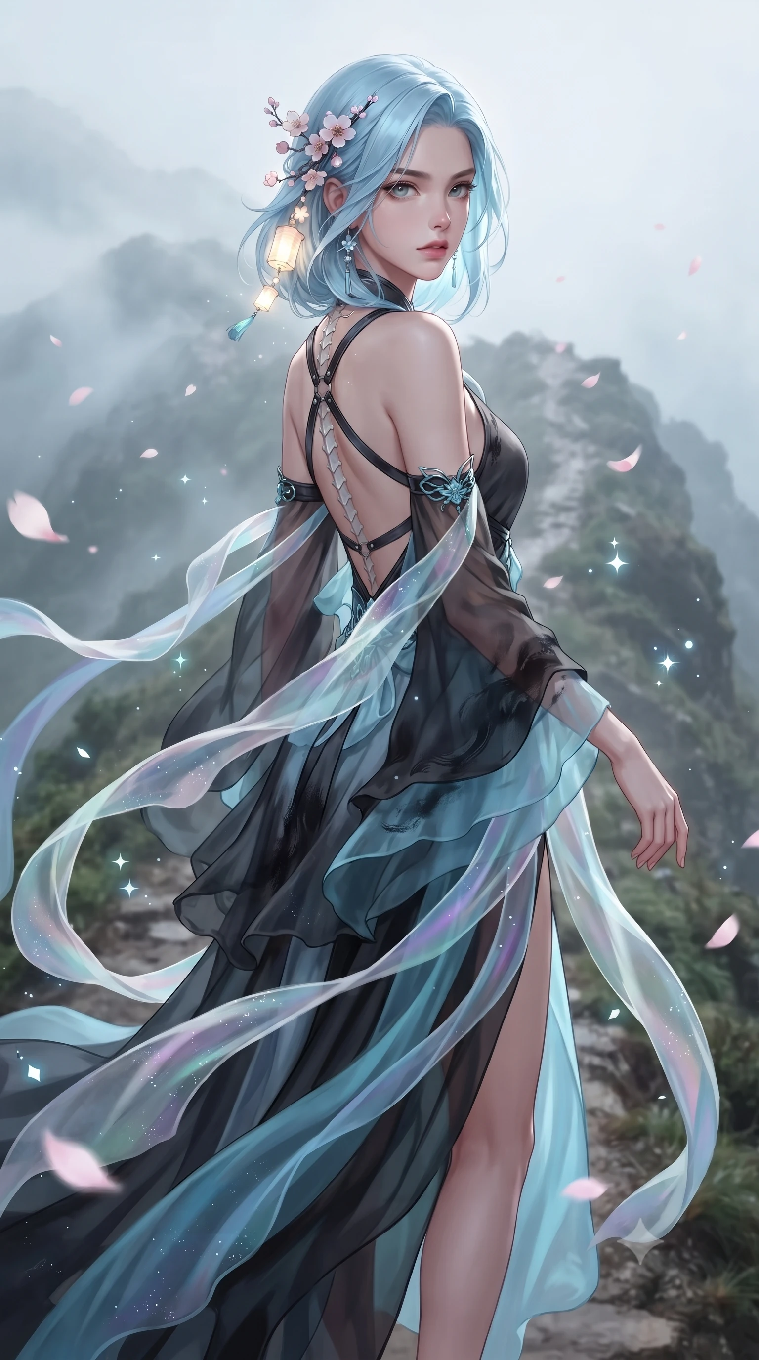 score_9, masterpiece, best quality, ultra-detailed, high-budget anime keyframe, editorial fashion photography, tasteful artistic composition, Korean woman. close-up cowboy shot from the waist and thighs up, the character dominates the composition, filling the frame with her large presence. turning over her shoulder with an indomitable, smoldering gaze, her soft hair framing her razor-sharp v-shaped jawline while stepping along the mountain crest path as wind whips cherry blossom petals and stardust around her statuesque silhouette. The composition keeps background elements in soft focus with creamy bokeh. drifting sakura petals and floating star particles scattering magical glowing light motes. She has an exceptionally elegant, slender, and willowy female figure with an ultra-slim waist, a gracefully sculpted slender torso, toned flat midriff, and a refined slim silhouette. sharp v-shaped jawline, high-bridge nose, intricate jewel-like eyes with depth, thick eyelashes, glossy lips with a natural sheen, captivating and magnetic expression, flawlessly proportioned anatomical accuracy, strict slender model proportions, natural body alignment, perfectly sculpted long slender limbs, ultra-slim waistline, clean dynamic posture without body distortion. wearing a zero-gravity celestial dancer gown with cascading iridescent ribbons and bare back harness in dark ink-wash black and radiant moonlight cyan, tailored from crisp ceremonial cotton and multi-layered translucent chiffon, accessorized with delicate cherry blossom hairpins and glowing paper lantern charms, the liquid-tight tailored fabric emphasizing every curve of her tall, slender model proportions and sculptured silhouette during dynamic movement. illuminated by crisp directional rim lighting accentuating her slender curves, bare spine, and flowing robes. ultra-reflective glossy finish, specular highlights, rich textural contrasts, high-contrast stereoscopic depth, volumetric dynamic lighting, 2k, ultra detail, master piece, 9:16 ratio