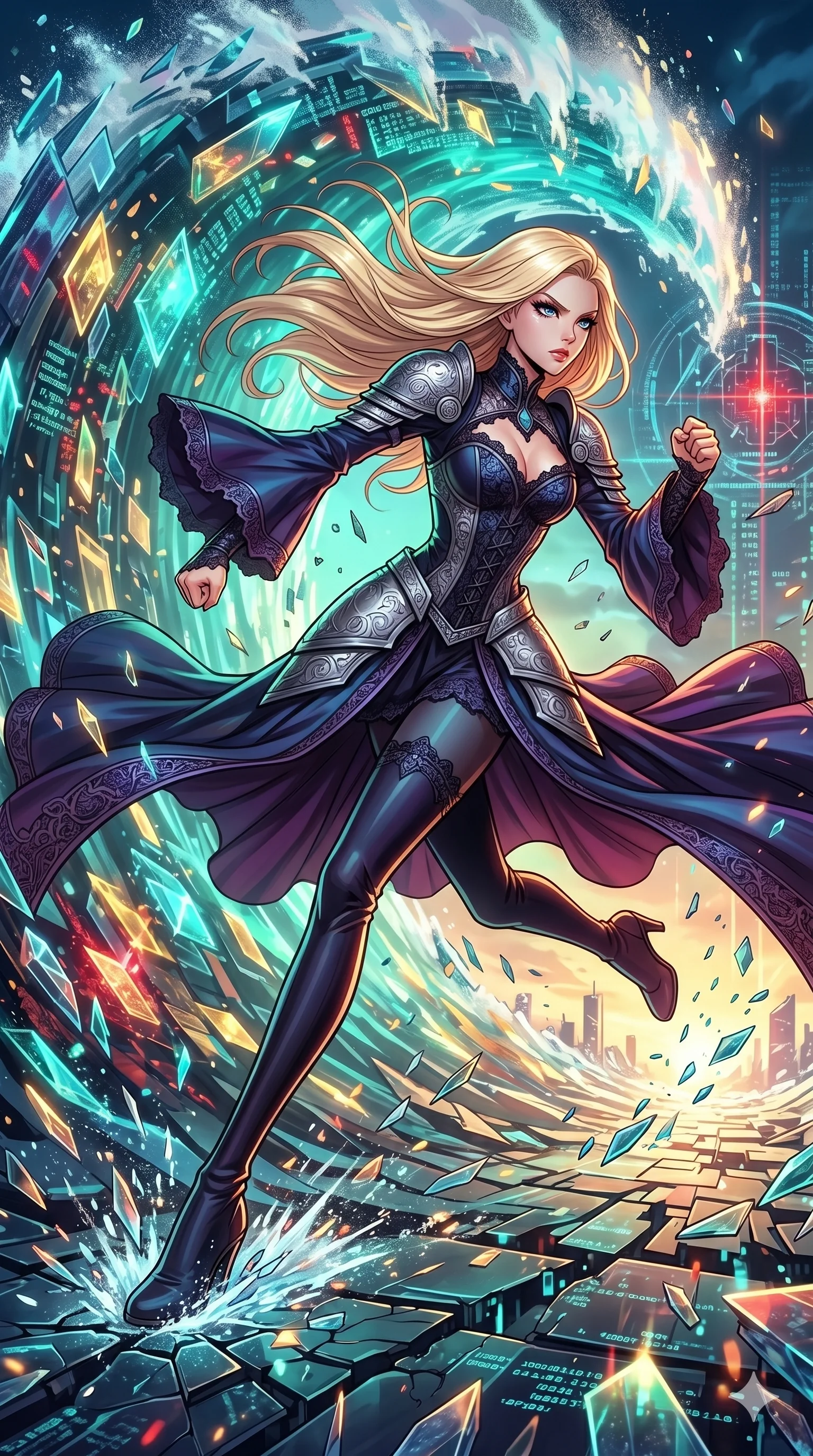 score_9, masterpiece, best quality, ultra-detailed, high-budget anime movie keyframe, cinematic anime lighting, intricate line art, Caucasian (strictly human ears) anime girl. Low angle cowboy shot capturing a powerful motion and statuesque presence. sprinting away from a massive tidal wave of data-shards. She has an absolutely perfect 8-heads proportion, an exceptionally tall and slender female figure with an ultra-slim waist and impossibly long slender legs. strictly human anatomy, two legs only, no extra limbs, clearly defined legs and arms, perfect anatomy, perfect hands and fingers. sharp v-shaped jawline, high-bridge nose, intricate jewel-like eyes, thick eyelashes, glossy lips. Wearing Dark Fantasy: Gothic lace corset gown, bell-sleeved sorceress robes, and engraved silver plate armor over silk. The scene is illuminated by dramatic atmospheric lighting and vibrant color palettes. , 2k, ultra detail, master piece, 9:16 ratio
