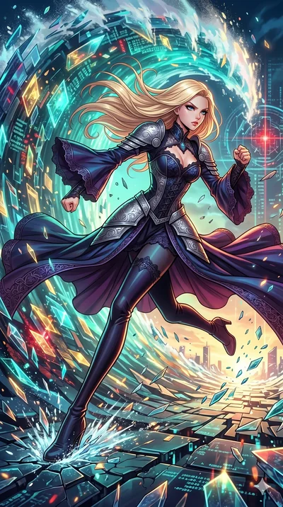 score_9, masterpiece, best quality, ultra-detailed, high-budget anime movie keyframe, cinematic anime lighting, intricate line art, Caucasian (strictly human ears) anime girl. Low angle cowboy shot capturing a powerful motion and statuesque presence.