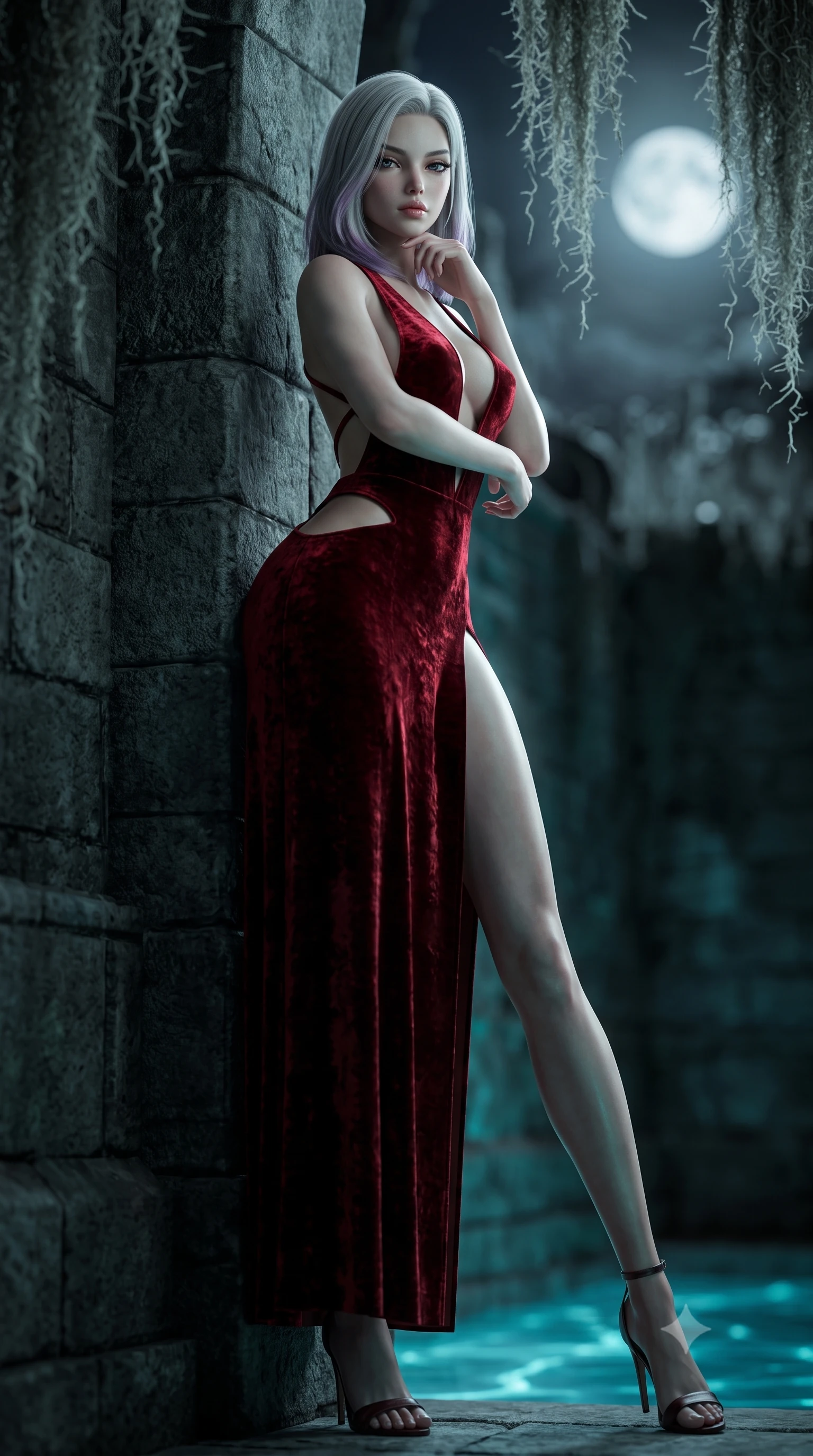 score_9, masterpiece, best quality, ultra-detailed, high-budget anime keyframe, semi-realistic 3D game render, editorial fashion photography, tasteful artistic composition, Caucasian woman. low angle full-body shot from head to toe showing her feet, filling the entire 9:16 vertical frame with her statuesque presence, stretching her vertical silhouette. arching her back against the dark stone wall with provocative poise, extending one long slender leg to accentuate her razor-sharp statuesque silhouette while resting her chin on her hand with a slow, smoldering gaze beneath heavy eyelashes looking directly into the camera. The composition keeps background elements in soft focus with creamy bokeh. hanging Spanish moss strands and pale full moon blurred into ghostly white, cyan, and dark charcoal bokeh. She has an absolutely perfect, statuesque 8.5-heads proportion, an exceptionally tall and slender model-like female figure with impossibly long slender legs, a toned flat midriff, and an ultra-slim waist. sharp v-shaped jawline, high-bridge nose, intricate jewel-like eyes with depth, thick eyelashes, glossy lips with a natural sheen, flawlessly proportioned anatomical accuracy, strict slender model proportions, natural body alignment, perfectly sculpted long slender limbs, ultra-slim waistline, clean dynamic posture without body distortion. wearing a backless deep blood-crimson crushed velvet gown with a deep plunging V-neckline, strategic hip cutouts, and an ultra-high thigh slit in dark monochrome black and high-contrast pale skin accents, made of liquid metal jersey that clings flawlessly to every contour of her build, complemented by criss-cross back straps highlighting her completely bare spine, the liquid-tight tailored fabric emphasizing every curve of her tall, slender model proportions and sculptured silhouette during dynamic movement. bathed in pale silver moonlight backlighting and eerie cyan water refractions. rich saturated anime colors with deep moody shadows, detailed chiaroscuro shading with soft gradients, rich glossy textures, high-contrast stereoscopic depth, volumetric dynamic shadow lighting, master piece, 9:16 ratio