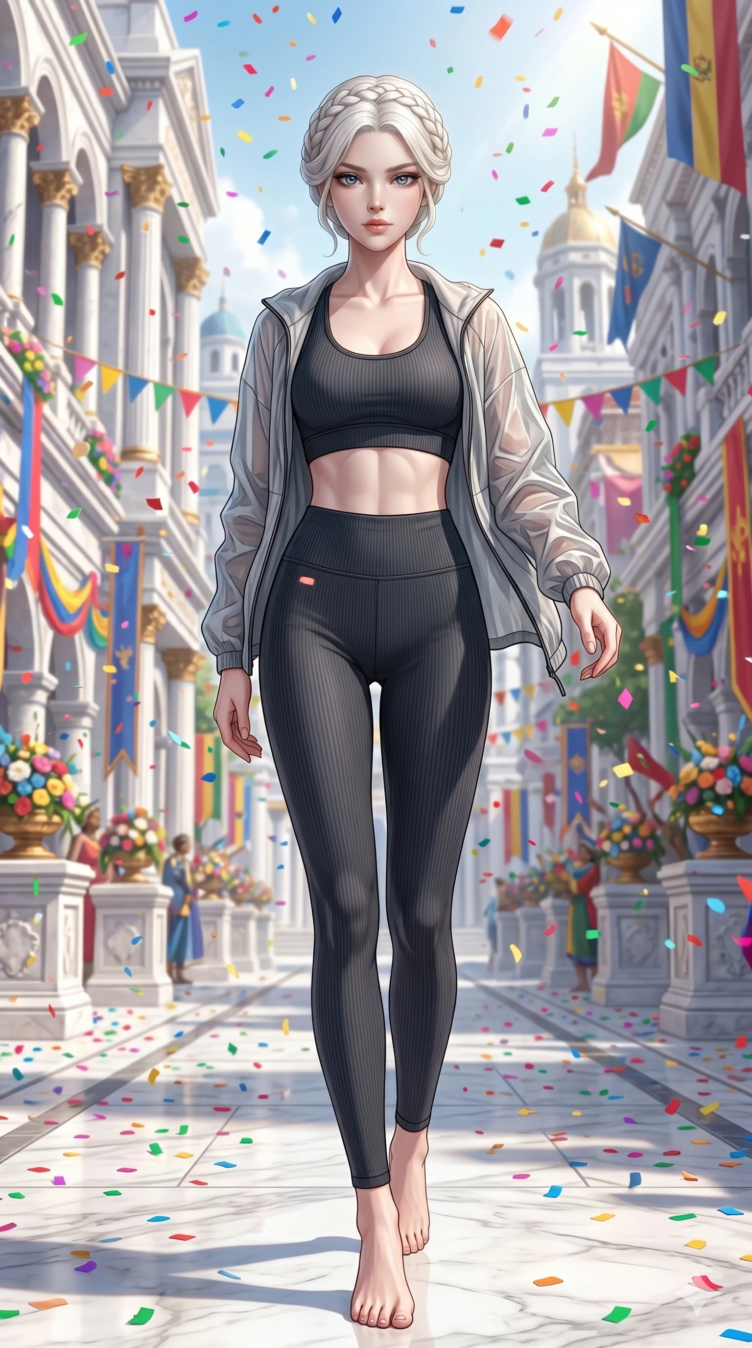 score_9, masterpiece, best quality, ultra-detailed, Set A: Photorealistic 8k CG, Japanese woman. Low angle cowboy shot filling the entire 9:16 frame with her statuesque presence. Standing in a rain of colorful confetti on a grand parade in a white marble city. She has an absolutely perfect 8-heads proportion, an exceptionally tall and slender female figure with elegant long slender legs and an slender waist. Sharp v-shaped jawline, high-bridge nose, intricate jewel-like eyes with depth, thick eyelashes, glossy lips. Wearing a Premium Athleisure outfit: ribbed sports bra and leggings with a sheer windbreaker. Background is a bright and colorful city street with vibrant decorations and bright sunlight. 2k, ultra detail, master piece, 9:16 ratio