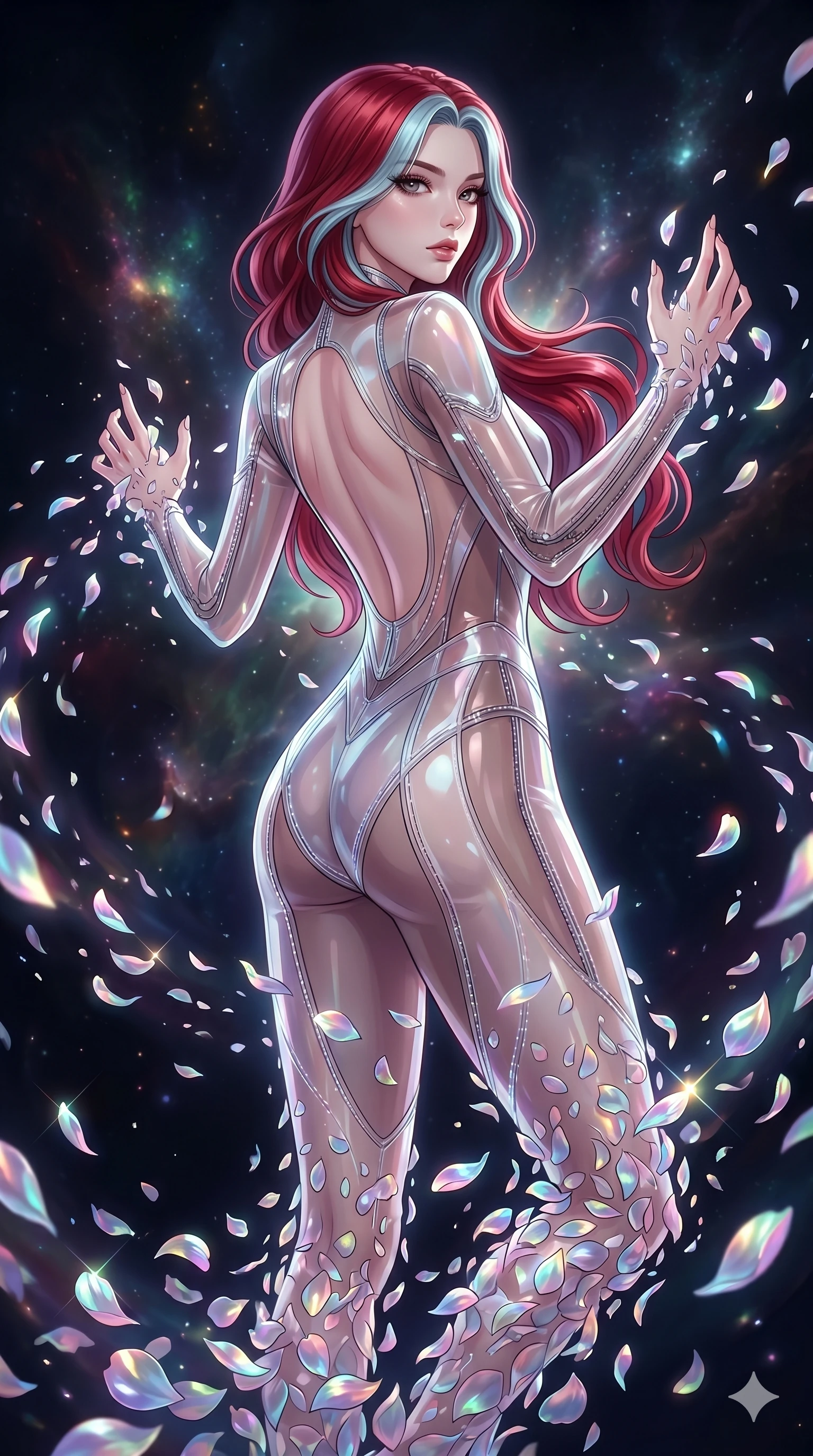 score_9, masterpiece, best quality, ultra-detailed, High-budget Anime Keyframe, East Asian woman. Low angle cowboy shot filling the entire 9:16 frame with her statuesque presence. Scenario 131: Dissolving into a cloud of iridescent silk petals in a void. Her presence is magnetic and overpowering in this high-budget anime scene. Outfit 131: A translucent PVC dangerous with a backless design and translucent layers. The clothing is designed to emphasize her exceptionally tall and slender 8-heads proportion. 8-heads proportion, towering silhouette, ultra-slim waist. sharp v-shaped jawline, intricate jewel-like eyes with depth, thick eyelashes, glossy lips. 2k, ultra detail, master piece, 9:16 ratio