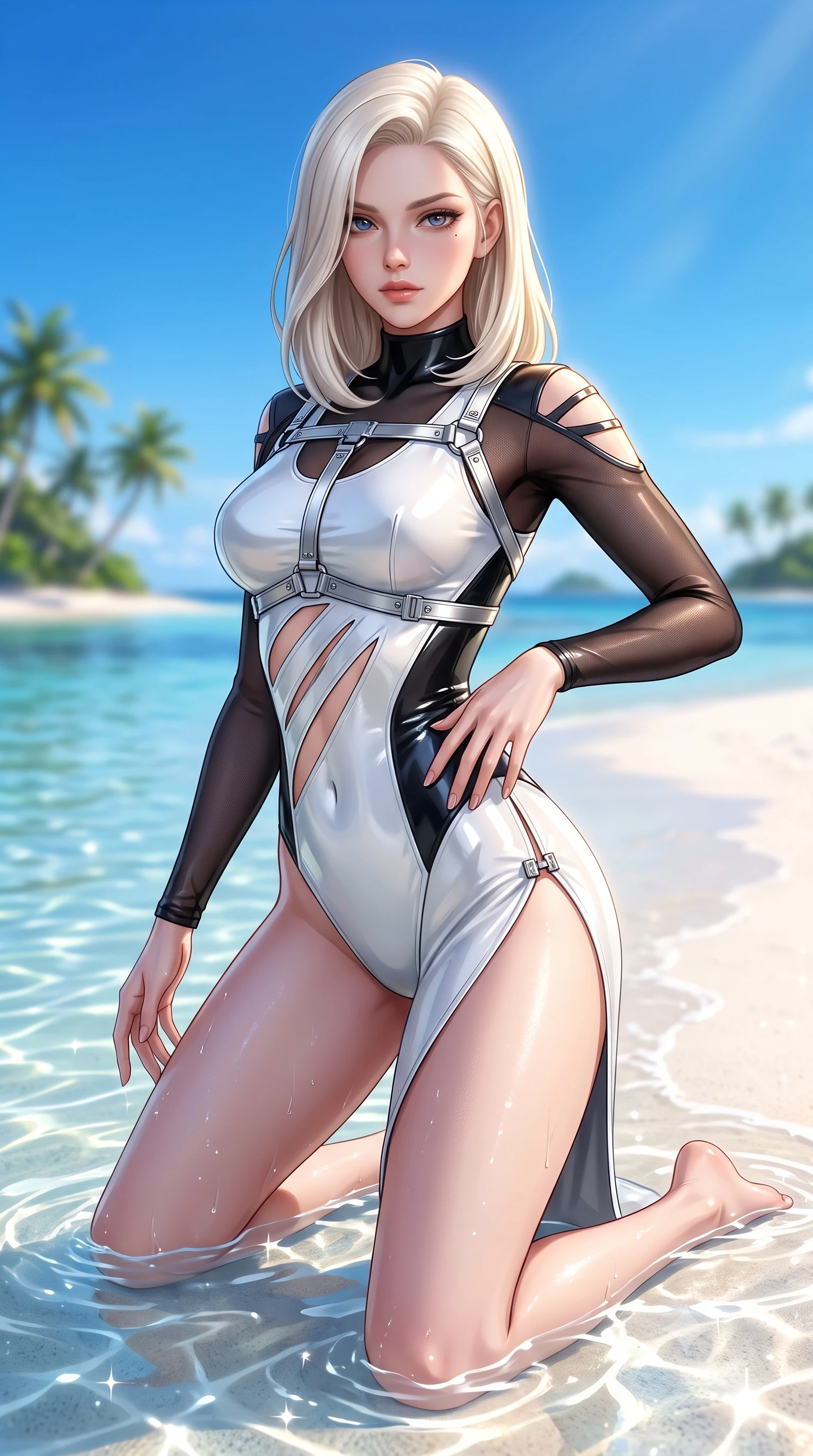 score_9, masterpiece, best quality, ultra-detailed, high-budget anime keyframe, semi-realistic 3D game render, editorial fashion photography, tasteful artistic composition, Caucasian woman. close-up cowboy shot from the waist and thighs up, the character dominates the composition, filling the frame with her large presence. twisting her upper body in a dynamic S-curve with an alluring smolder, one hand trailing along her slender waist while kneeling on sparkling white sand as crystal-clear sea water ripples around her slender thighs. The composition keeps background elements in soft focus with creamy bokeh. distant palm-lined islands and vibrant blue sky softened by shallow atmospheric focus. She has an exceptionally elegant, slender, and willowy female figure with an ultra-slim waist, a gracefully sculpted slender torso, toned flat midriff, and a refined slim silhouette. sharp v-shaped jawline, high-bridge nose, intricate jewel-like eyes with depth, thick eyelashes, glossy lips with a natural sheen, flawlessly proportioned anatomical accuracy, strict slender model proportions, natural body alignment, perfectly sculpted long slender limbs, ultra-slim waistline, clean dynamic posture without body distortion. wearing an ultra-sleek high-cut tech-bodysuit featuring dangerous diagonal slitted cutouts on the midriff and shoulders, reinforced by a metallic silver harness and sheer mesh sleeves in high-gloss monochrome white and sharp black contrast, made of liquid metal jersey that clings flawlessly to every contour of her build, finished with an ultra-high side slit secured by miniature magnetic clasps, the precision-cut daring openings accentuating her delicate midriff, graceful bare collarbones, and ultra-slim feminine waistline. illuminated by pure sky radiance with crisp golden rim lights accentuating her silhouette. highly saturated vibrant anime colors, detailed shading with soft gradients, rich glossy textures, high-contrast stereoscopic depth, volumetric dynamic lighting, master piece, 9:16 ratio