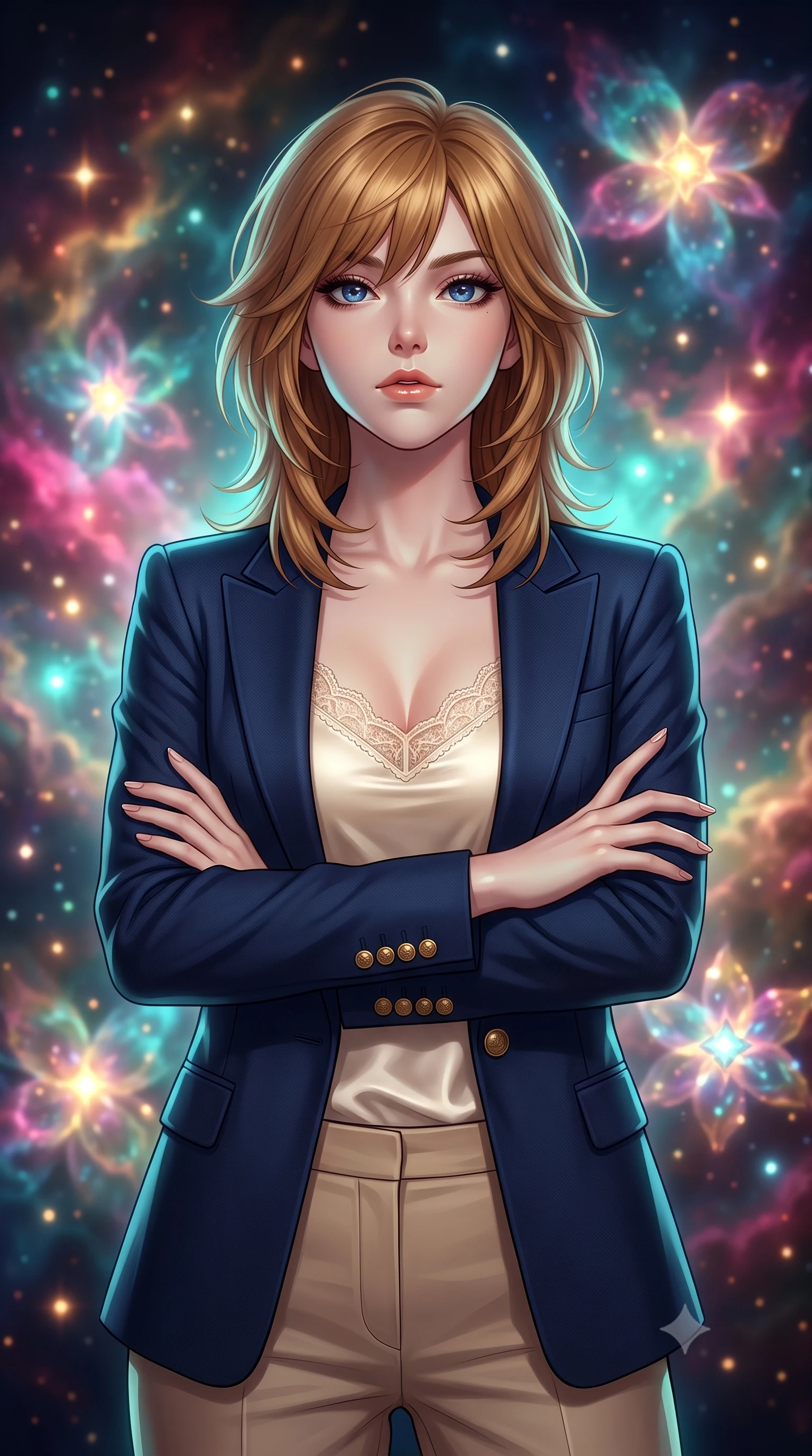 score_9, masterpiece, best quality, ultra-detailed, high-budget anime keyframe, editorial fashion photography, tasteful artistic composition, Korean woman. close-up cowboy shot from the waist and thighs up, the character dominates the composition, filling the frame with her large presence, background elements kept in soft focus. Crossing her arms with serene confidence and chin slightly raised. set against a soft-focus background of a celestial garden where infant stars bloom like luminous flowers inside swirling colorful nebula clouds of magenta cyan and gold each proto-star casting its own warm glow onto petals of cosmic gas. She has an exceptionally elegant and slender, willowy female figure with an ultra-slim waist, a gracefully sculpted slender torso, and a refined slim physique. sharp v-shaped jawline, high-bridge nose, intricate jewel-like eyes with depth, thick eyelashes, glossy lips with a natural sheen. wearing a cream satin camisole with delicate lace trim, layered under a structured navy blazer and beige trousers. soft aqua bioluminescent light making her skin luminously glow against darkness. 2k, ultra detail, master piece, 9:16 ratio