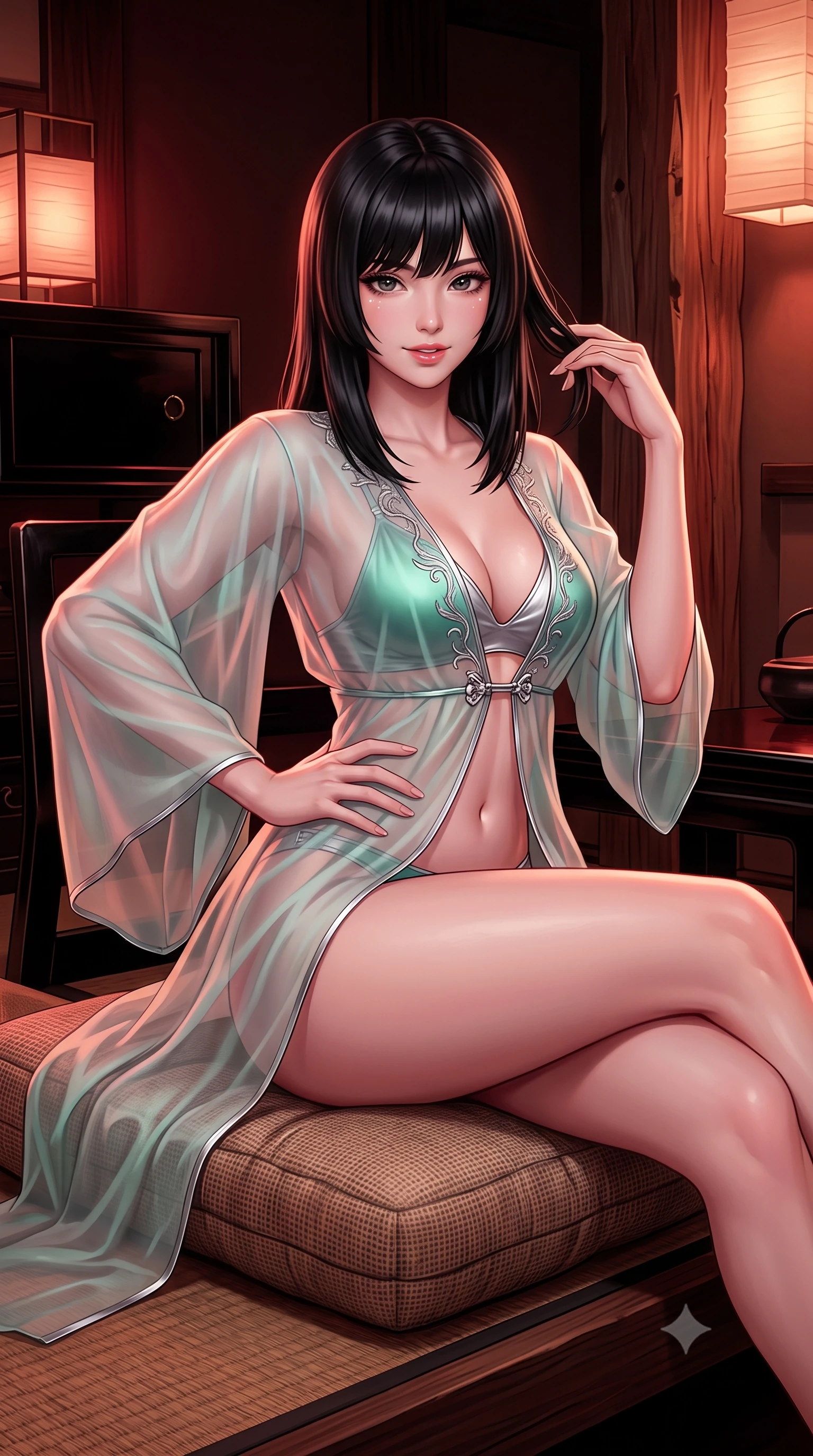 score_9, masterpiece, best quality, ultra-detailed, high-budget anime keyframe, semi-realistic 3D game render, editorial fashion photography, tasteful artistic composition, Caucasian woman. close-up cowboy shot from the waist and thighs up, the character dominates the composition, filling the frame with her large presence. twisting her slender torso in an alluring contrapposto stance, one hand resting on her sculpted hip while her fingers toy with her hair with effortless poise while sitting gracefully in a relaxed side drape on the plush woven cushions, flashing an enchanting smile with parted glossy lips. The surrounding environment is rendered in vivid detail and crisp panoramic clarity: sharp glossy black urushi lacquer reflections, hand-hewn chestnut beam grain, and woven rush matting in deep focus. She has an exceptionally elegant, slender, and willowy female figure with an ultra-slim waist, flat toned midriff, narrow ribcage, and sculpted feminine hips creating an alluring, slim hourglass silhouette without bulk. sharp v-shaped jawline, high-bridge nose, intricate jewel-like sparkling eyes with depth, thick eyelashes, glossy parted lips with a natural peach sheen, bright cheerful beaming smile with an enchanting and coquettish sensual glint, exuding both youthful cute charm and seductive allure, flawlessly proportioned anatomical accuracy, strict slender model proportions, natural body alignment, perfectly sculpted long slender limbs, ultra-slim waistline, clean dynamic posture without body distortion. wearing a delicate sheer organza futuristic caftan with metallic chrome accents worn open over a micro liquid-metal bralette in Nordic aurora emerald green and starlight silver, made of sheer gossamer chiffon that drapes softly against skin with airy translucence, complemented by strappy stiletto sandals with crystal ankle wraps accentuating her slender calves, the second-skin tailored fabric adhering flawlessly to her sculpted flat midriff and slender torso, emphasizing her long leg lines and perfectly proportioned willowy build. bathed in the rich chiaroscuro 2000K ruby-amber glow of natural burning hardwood charcoal mixed with soft paper sconces. highly saturated vibrant anime colors, detailed shading with soft gradients, rich glossy textures, high-contrast stereoscopic depth, volumetric dynamic lighting, master piece, 9:16 ratio