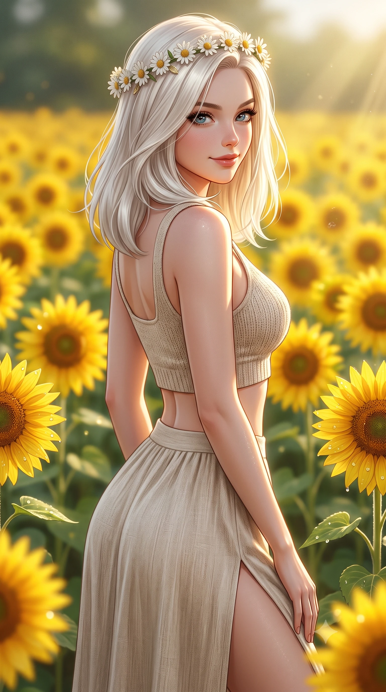 score_9, masterpiece, best quality, ultra-detailed, high-budget anime keyframe, editorial fashion photography, tasteful artistic composition, Caucasian woman. close-up cowboy shot from the waist and thighs up, the character dominates the composition, filling the frame with her large presence, background elements kept in soft focus. smiling with a playful and cute half-smile, glancing sidelong over her shoulder set against a soft-focus background of in the middle of a vast, sunny field filled with bright yellow sunflowers holding a delicate crown of daisies on her head, smiling cutely. She has an exceptionally elegant, slender, and willowy female figure with an ultra-slim waist, a gracefully sculpted slender torso, and a refined silhouette. sharp v-shaped jawline, high-bridge nose, intricate jewel-like eyes with depth, thick eyelashes, glossy lips with a natural sheen. wearing form-contouring crop top in oatmeal knit paired with a flowy midi skirt featuring a high side slit. warm morning sunbeams creating fresh dewdrop glints on the flower petals. ultra-reflective glossy finish, specular highlights, metallic sheen, high-contrast stereoscopic depth, volumetric dynamic lighting, 2k, ultra detail, master piece, 9:16 ratio
