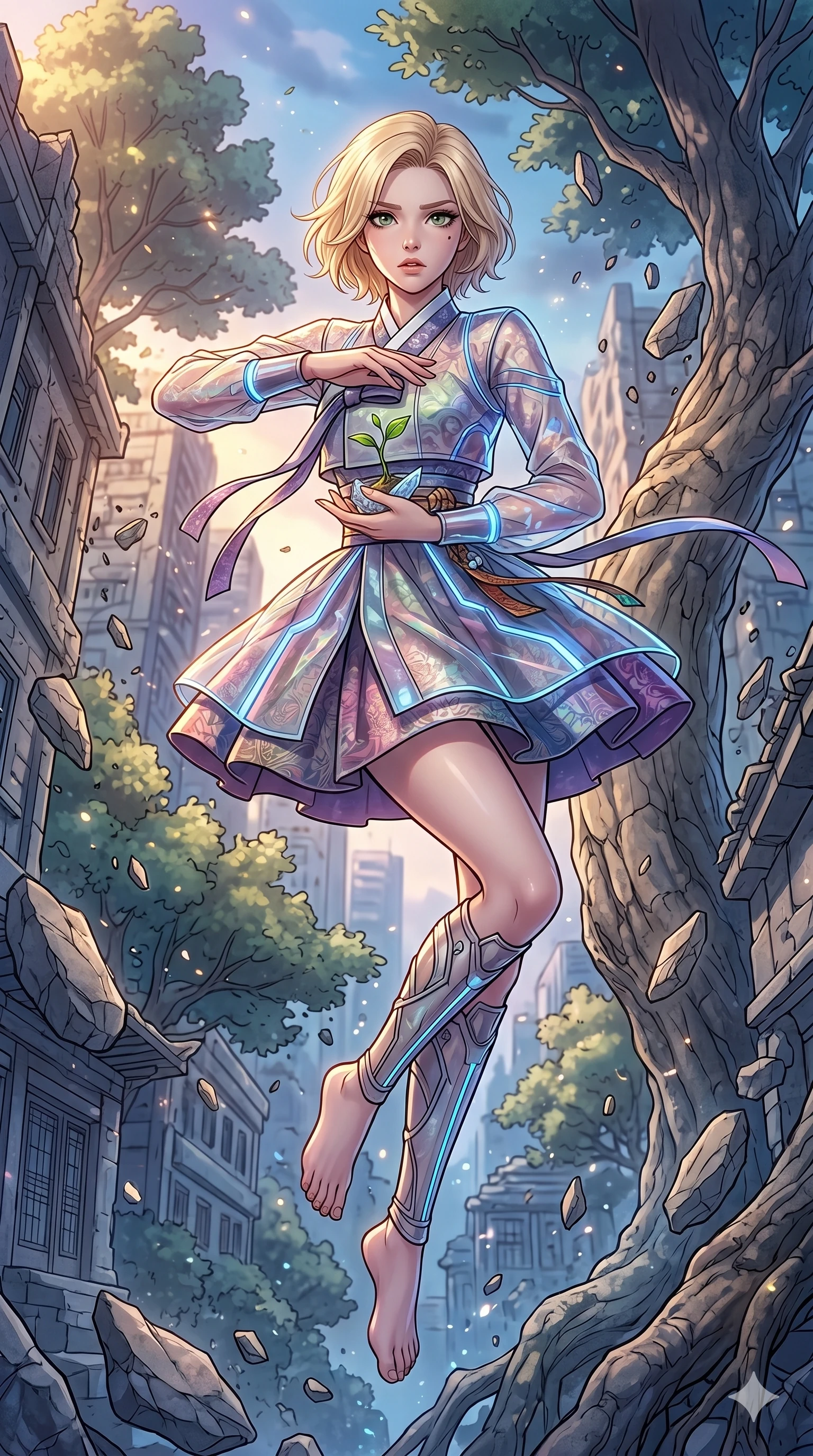 score_9, masterpiece, best quality, ultra-detailed, high-budget anime movie keyframe, cinematic anime lighting, intricate line art, Korean woman. Mid-air action shot capturing a graceful twist and vertical silhouette. shielding a small plant as the world around it turns to stone. She has an absolutely perfect 8-heads proportion, an exceptionally tall and slender female figure with graceful and slender proportions. strictly human anatomy, two legs only, no extra limbs, clearly defined legs and arms, perfect anatomy, perfect hands and fingers. sharp v-shaped jawline, high-bridge nose, intricate jewel-like eyes, thick eyelashes, glossy lips. Wearing Modern Traditional: Shortened cyber-hanbok with fusion silk robes and transparent panels. The scene is illuminated by dramatic atmospheric lighting and vibrant color palettes. , 2k, ultra detail, master piece, 9:16 ratio
