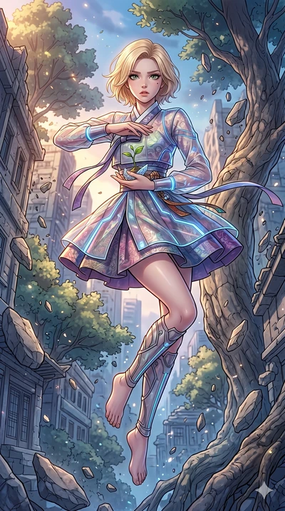 score_9, masterpiece, best quality, ultra-detailed, high-budget anime movie keyframe, cinematic anime lighting, intricate line art, Korean woman. Mid-air action shot capturing a graceful twist and vertical silhouette. shielding a small plant as the w