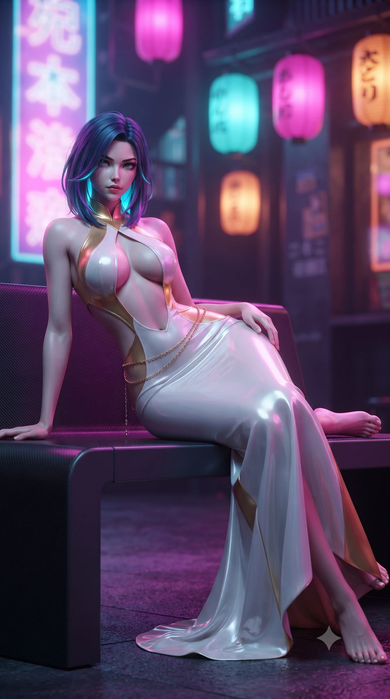 score_9, masterpiece, best quality, ultra-detailed, high-budget anime keyframe, editorial fashion photography, tasteful artistic composition, Caucasian woman. low angle full-body shot from head to toe showing her feet, filling the entire 9:16 vertical frame with her statuesque presence, stretching her vertical silhouette. reclining on her side in an elegant Cleopatra pose with one knee drawn up, the dramatic contour of her rounded hips and long slender legs commanding the 9:16 vertical frame while reclining casually on a carbon-fiber outdoor bench propped on one elbow, her narrow waist and rounded curves sculpted by electric magenta and cyan reflections. The composition keeps background elements in soft focus with creamy bokeh. vertical kanji holographic signs and glowing paper lantern displays blurred into rich magenta, laser turquoise, and amber bokeh. She has an exceptionally tall and slender model-like 8.5-heads proportion, an ultra-slim waist, a flat toned midriff, narrow delicate ribcage, and beautifully sculpted feminine hips creating a graceful, slim hourglass silhouette without any bulky heaviness, with impossibly long slender legs. sharp v-shaped jawline, high-bridge nose, intricate jewel-like eyes with depth, thick eyelashes, glossy parted lips with a natural sheen, intensely captivating and seductive bedroom-eyes expression, flawlessly proportioned anatomical accuracy, strict slender model proportions, natural body alignment, perfectly sculpted long slender limbs, ultra-slim waistline, clean dynamic posture without body distortion. wearing a sculptured liquid-satin mermaid gown with an architectural open-waist cutout and bare spine in pure alabaster white and sun-kissed gold, tailored from liquid silk jersey adhering flawlessly to her slender build, accented with a delicate gold chain belt resting loosely on her curvy hips, the second-skin form-contouring cut accentuating her sculpted flat midriff, narrow delicate ribcage, and gracefully curvy hips with supermodel precision. bathed in vivid electric magenta and laser cyan neon underlights contrasting with rain-soaked shadow tones. ultra-reflective glossy finish, specular highlights, rich textural contrasts, high-contrast stereoscopic depth, volumetric dynamic lighting, 2k, ultra detail, master piece, 9:16 ratio