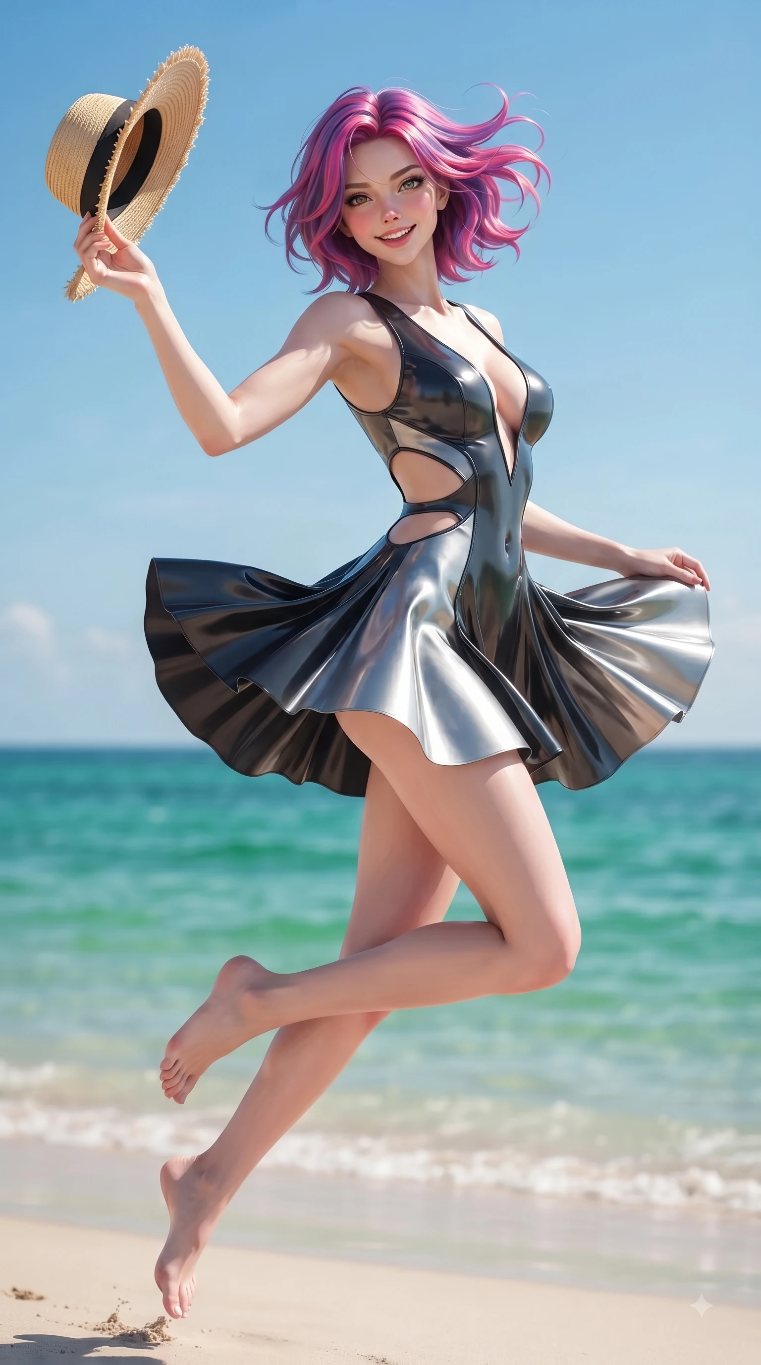score_9, masterpiece, best quality, ultra-detailed, high-budget anime keyframe, editorial fashion photography, tasteful artistic composition, Caucasian woman. low angle full-body shot from head to toe showing her feet, filling the entire 9:16 vertical frame with her statuesque presence, stretching her vertical silhouette. performing a cheerful mid-air rotation with flawless poise, her radiant smile capturing fresh college girlhood energy while running playfully along an emerald sea beach with a straw sunhat held lightly in one hand, fresh ocean breeze billowing her summer sundress into fluid, uplifting motions. She has an absolutely perfect, statuesque 8.5-heads proportion, an exceptionally tall and slender model-like female figure with impossibly long slender legs and an ultra-slim waist. sharp v-shaped jawline, high-bridge nose, intricate jewel-like eyes with depth, thick eyelashes, glossy lips with a natural sheen, flawlessly proportioned anatomical accuracy, natural body alignment, perfectly sculpted elegant limbs, clean dynamic posture without body distortion. wearing a liquid mercury gloss mini dress with ultra-deep V-neck and waist cutouts in matte black and polished silver, tailored from high-gloss patent leather, featuring clean architectural cutouts along her slender torso, the glove-like fit emphasizing her statuesque silhouette during motion. surrounded by a fresh, sun-drenched, and relaxing vacation atmosphere. ultra-reflective glossy finish, specular highlights, metallic sheen, high-contrast stereoscopic depth, volumetric dynamic lighting, 2k, ultra detail, master piece, 9:16 ratio