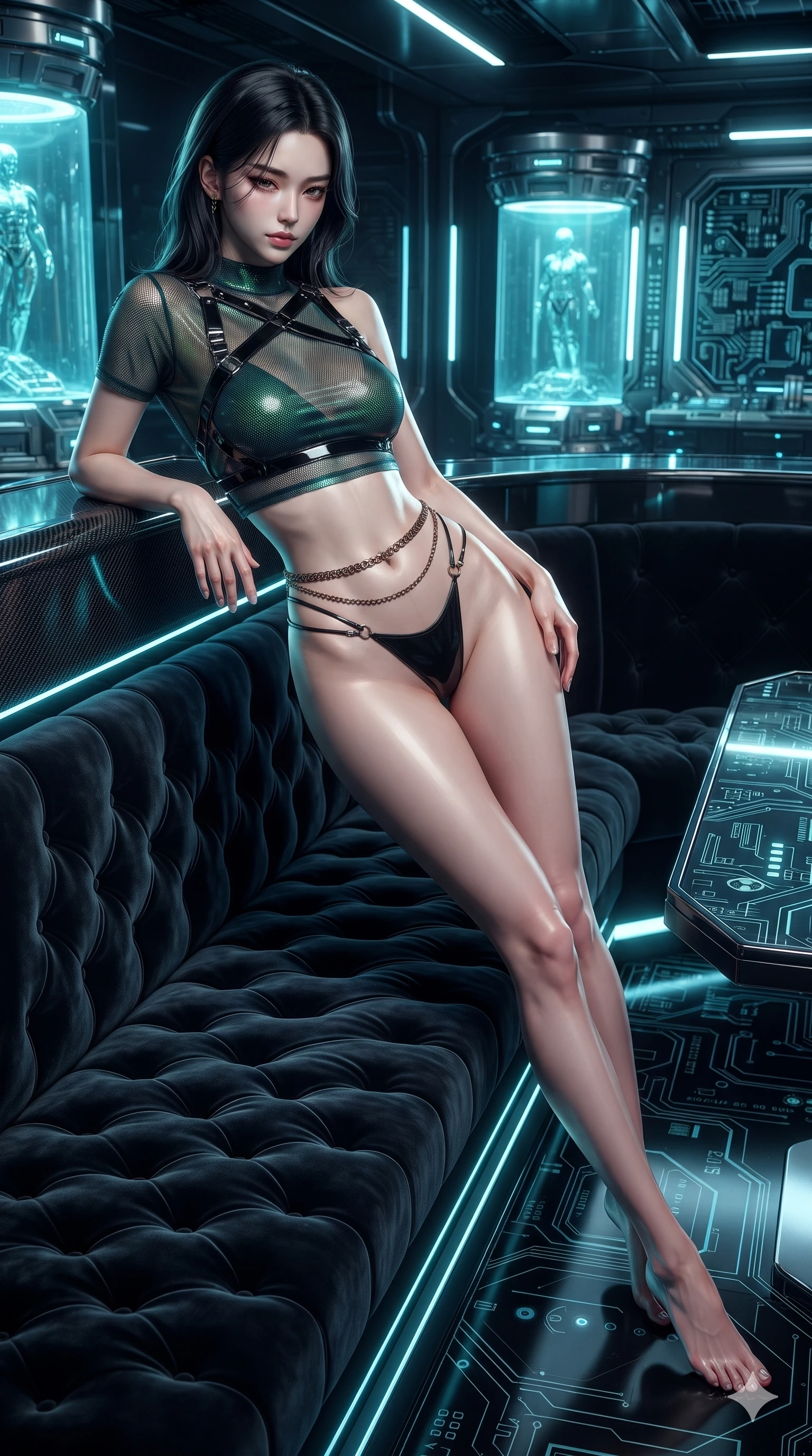 score_9, masterpiece, best quality, ultra-detailed, high-budget anime keyframe, editorial fashion photography, tasteful artistic composition, Korean woman. low angle full-body shot from head to toe showing her feet, filling the entire 9:16 vertical frame with her statuesque presence, stretching her vertical silhouette. reclining languidly across the dark velvet banquette with one knee bent and hips angled toward the camera while leaning against the carbon-fiber console with hips cocked back, looking through lowered lashes with quiet, sovereign technological superiority. The surrounding environment is rendered in vivid detail and crisp panoramic clarity: detailed high-neck ribbed activewear bodysuit tailoring, titanium buckles, and clean cybernetic hardware in razor-sharp precision. She has an absolutely perfect, statuesque 8.5-heads proportion, an exceptionally tall and slender model-like female figure with impossibly long slender legs, an ultra-slim waist, a flat toned midriff, narrow delicate ribcage, and beautifully sculpted feminine hips creating a graceful, slim hourglass silhouette without any bulky heaviness. sharp v-shaped jawline, high-bridge nose, intricate jewel-like dark sparkling eyes with hypnotic seductive depth, thick curled eyelashes, glossy parted lips with a natural wine sheen, alluring bedroom-eyes with an enigmatic smoldering smile, exuding magnetic sovereign charisma and dark avant-garde glamour, flawlessly proportioned anatomical accuracy, strict slender model proportions, natural body alignment, perfectly sculpted long slender limbs, ultra-slim waistline, clean dynamic posture without body distortion. wearing a translucent iridescent mesh swim crop top paired with high-cut string bikini bottoms and dark waist chains in dark emerald green and antique bronze, made of fluid liquid jersey with seamless sculpting hold and smooth contours, featuring an open-back criss-cross harness strap in patent black leather, the precision-cut side openings and low-back scoop framing her graceful spine and the sensual sweep of her slim, toned hips. illuminated by stasis fluid floor bounce and sharp electric-cyan rim lights defining her razor-sharp jawline, narrow waist, and curvy hips. ultra-reflective glossy finish, specular highlights, metallic sheen, high-contrast stereoscopic depth, volumetric dynamic lighting, 2k, ultra detail, master piece, 9:16 ratio