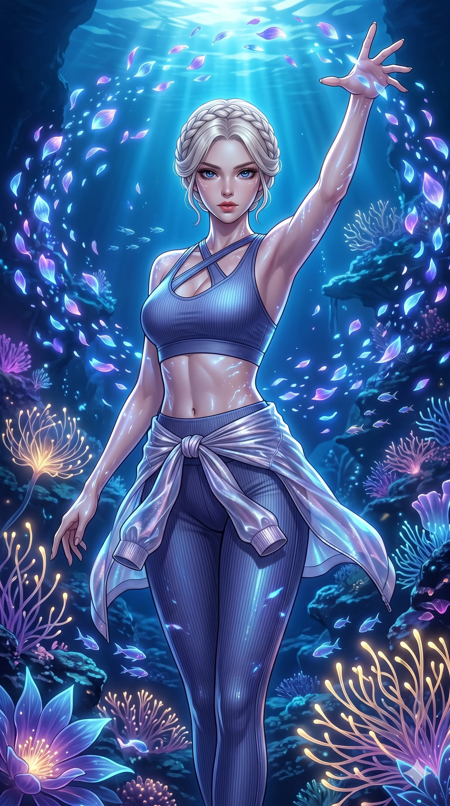 score_9, masterpiece, best quality, ultra-detailed, High-budget Anime Keyframe, vibrant colors, fluid line-art, expressive lighting, cinematic composition, Ufotable-style visual effects, top-tier animation quality, Korean woman with idol-like refined features. Upper body close-up from the thighs up, character filling the screen for maximum presence. Summoning a flurry of glowing petals that swirl in a rhythmic dance. She has an absolutely perfect 8-heads proportion, an exceptionally tall and slender female figure with impossibly long slender legs and an ultra-slim waist, her statuesque height and towering silhouette dominating the vertical 9:16 frame. Her face is a masterpiece featuring a sharp v-shaped jawline, high-bridge nose, intricate jewel-like eyes with depth, thick eyelashes, and glossy lips with a natural sheen. She is wearing a Premium ribbed leggings with a matching cross-back sports bra, semi-transparent windbreaker tied around the waist, and an exposed midriff.. The scene is set in an underwater Eden where the plants are made of light and fiber-optics. 2k, ultra detail, master piece, 9:16 ratio