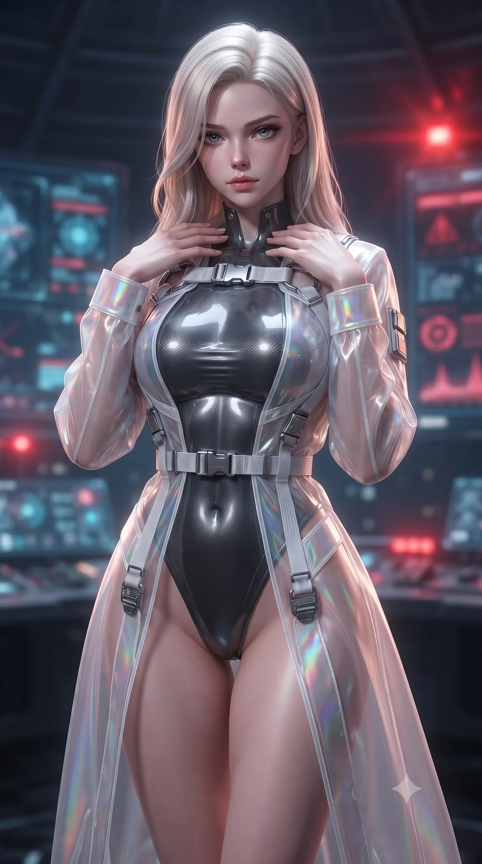 score_9, masterpiece, best quality, ultra-detailed, high-budget anime keyframe, editorial fashion photography, tasteful artistic composition, Caucasian woman. close-up cowboy shot from the waist and thighs up, the character dominates the composition, filling the frame with her large presence, background elements kept in soft focus. standing in a relaxed, elegant posture with both hands resting lightly on her collarbone, looking at the viewer with bedroom-eyes, the background shows a soft-focus a citadel control dome with warning screens and warning lights at night. She has an exceptionally elegant, slender, and willowy female figure with an ultra-slim waist, a gracefully sculpted slender torso, and a refined silhouette. sharp v-shaped jawline, high-bridge nose, intricate jewel-like eyes with depth, thick eyelashes, glossy lips with a natural sheen. wearing a tailored sheer white holographic organza combat gown worn over a high-cut carbon-fiber leotard. pulsing red emergency warning beacons casting high-contrast dramatic shadows. ultra-reflective glossy finish, specular highlights, metallic sheen, high-contrast stereoscopic depth, volumetric dynamic lighting, 2k, ultra detail, master piece, 9:16 ratio