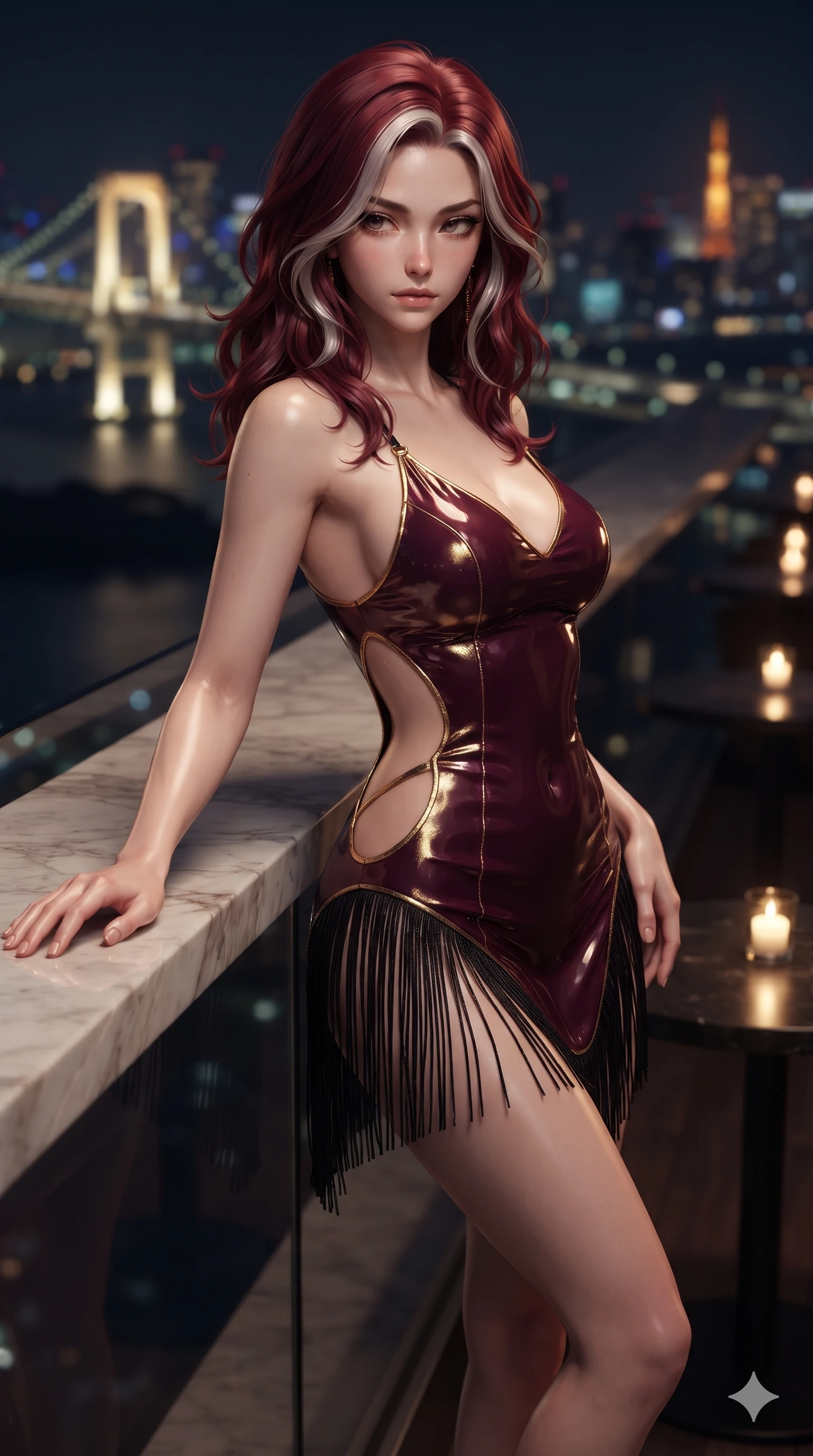 score_9, masterpiece, best quality, ultra-detailed, high-budget anime keyframe, editorial fashion photography, tasteful artistic composition, Caucasian woman. close-up cowboy shot from the waist and thighs up, the character dominates the composition, filling the frame with her large presence. resting one elbow on the marble balustrade while arching her spine with dancer poise, her dark bedroom-eyes casting a magnetic sidelong glance while walking slowly along the darkened glass perimeter with feline poise, her long slender legs and curvy hips commanding the metropolitan expanse. The background shows a soft-focus infinite sprawling grid of Tokyo night lights, elevated expressway ribbons, and bay bridges blurred into gold, topaz, and sapphire bokeh. She has an exceptionally elegant, slender, and willowy female figure with an ultra-slim waist, flat toned midriff, narrow ribcage, and sculpted feminine hips creating an alluring, slim hourglass silhouette without bulk. sharp v-shaped jawline, high-bridge nose, intricate jewel-like dark sparkling eyes with dangerous depth, thick curled eyelashes, glossy parted lips with a rich wine sheen, smoldering seductive half-smile with bedroom-eyes, exuding effortless superiority and intoxicating dark allure, flawlessly proportioned anatomical accuracy, strict slender model proportions, natural body alignment, perfectly sculpted long slender limbs, ultra-slim waistline, clean dynamic posture without body distortion. wearing a liquid-look wet vinyl micro-mini dress clinging like a second skin with hip-high side cutouts in deep wine burgundy and lustrous gold foil, tailored from fine lightweight midnight wool crepe with crisp architectural structure, finished with delicate jet-black micro-fringe fluttering softly along her hips with each step, the form-fitting cut adhering flawlessly to her sculpted flat midriff and slender torso, emphasizing her long leg lines and perfectly proportioned willowy build. bathed in the romantic, dim ambient lounge lighting punctuated by subtle cocktail table candlelight. ultra-reflective glossy finish, specular highlights, rich textural contrasts, high-contrast stereoscopic depth, volumetric dynamic lighting, 2k, ultra detail, master piece, 9:16 ratio
