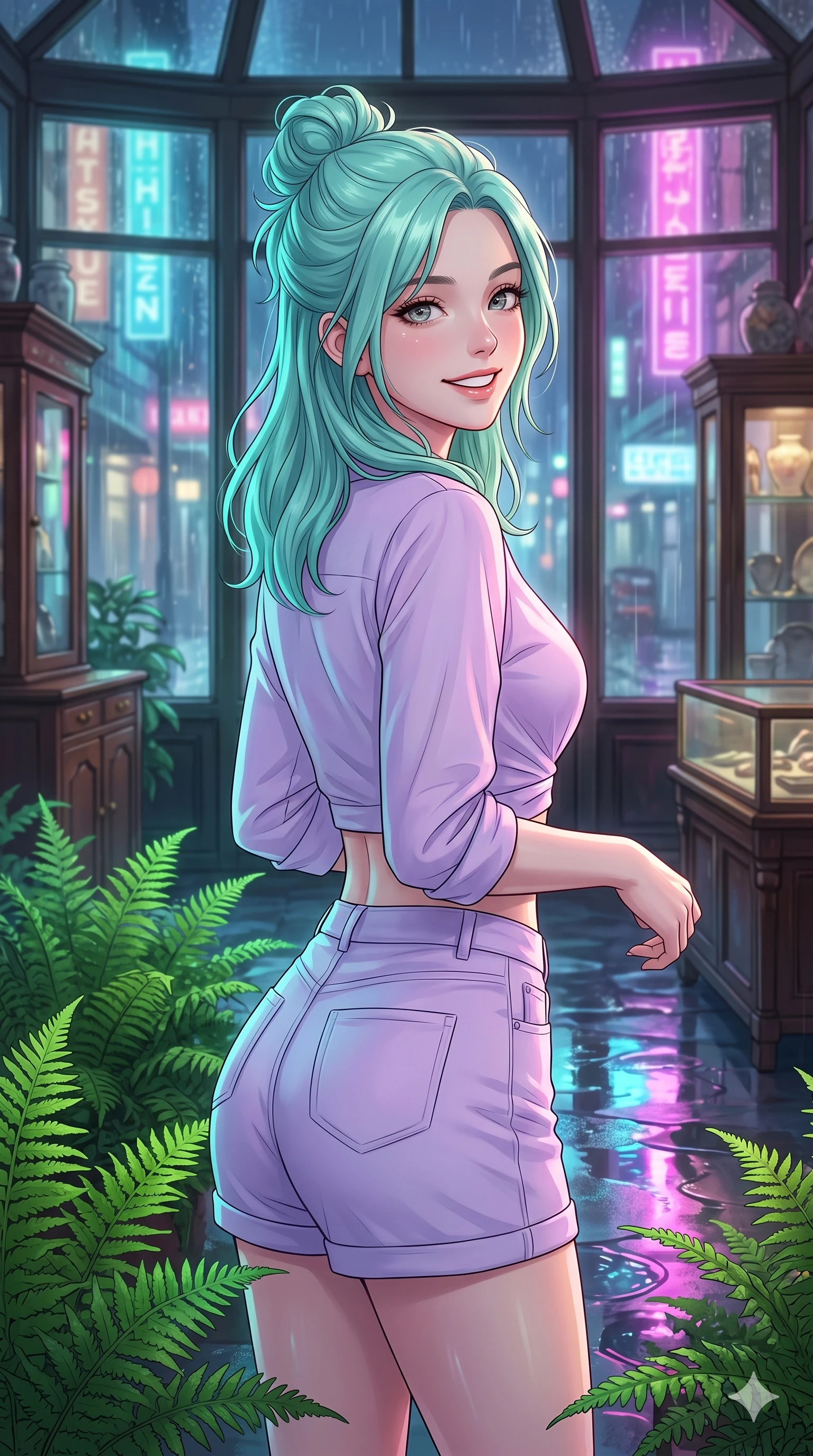 score_9, masterpiece, best quality, ultra-detailed, high-budget anime keyframe, vibrant anime aesthetic, Japanese woman. close-up cowboy shot from the waist and thighs up, the character dominates the composition, filling the frame with her large presence, background elements kept in soft focus. She is looking over her shoulder, smiling cheerfully at the viewer, with a bright, joyful gaze standing amidst vibrant green ferns. inside an antique shop showroom with large display windows showing rain-streaked neon lights of the city (Code-P22-083). She has an absolutely perfect proportion, an exceptionally elegant and slender female figure with an ultra-slim waist. V-shaped jawline, high-bridge nose, intricate jewel-like eyes with depth, thick eyelashes, glossy lips with a natural sheen. wearing a cropped wrap shirt and high-waisted shorts in pastel lavender. She is lit by bright neon light reflections in water puddles, creating a glowing twilight aura, casting soft shadows that enhance her features inside the glass pavilion. 2k, ultra detail, master piece, 9:16 ratio