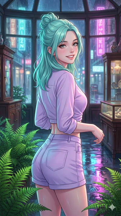 score_9, masterpiece, best quality, ultra-detailed, high-budget anime keyframe, vibrant anime aesthetic, Japanese woman. close-up cowboy shot from the waist and thighs up, the character dominates the composition, filling the frame with her large pres