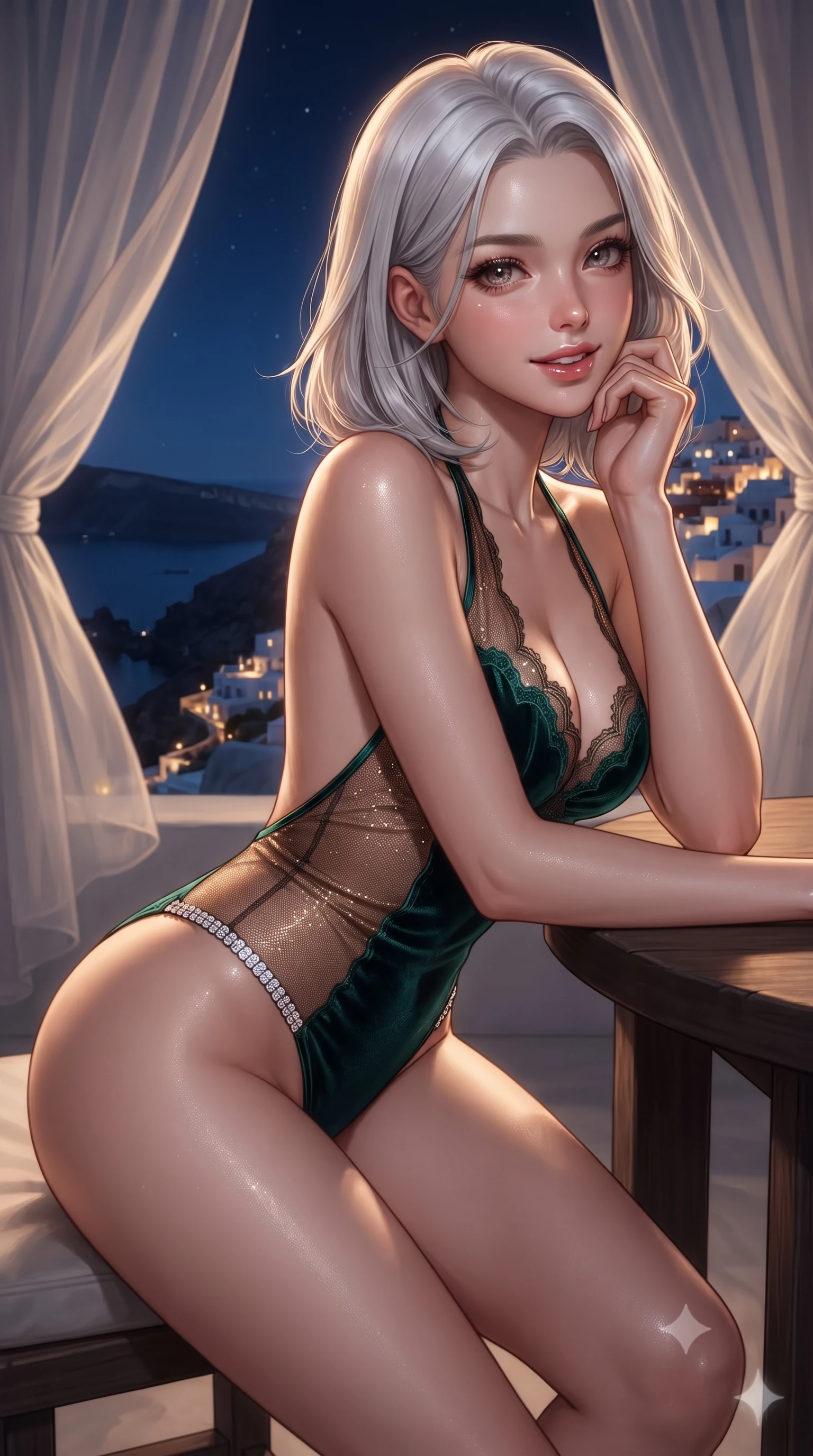 score_9, masterpiece, best quality, ultra-detailed, high-budget anime keyframe, editorial fashion photography, tasteful artistic composition, Korean woman. close-up cowboy shot from the waist and thighs up, the character dominates the composition, filling the frame with her large presence. resting one elbow on the table and supporting her chin, leaning close to the camera with heavy-lidded sparkling eyes and parted lips while standing poised at the edge of the highest cliff veranda on the caldera rim, arching her lower back as nocturnal island breezes billow sheer gauze curtains around her silhouette. The surrounding environment is rendered in vivid detail and crisp panoramic clarity: detailed provocative sheer illusion mesh resort gown, liquid bronze ribbons contouring her dewy curves, and island masonry in high resolution. She has an exceptionally elegant, slender, and willowy female figure with an ultra-slim waist, flat toned midriff, narrow ribcage, and sculpted feminine hips creating an alluring, slim hourglass silhouette without bulk. sharp v-shaped jawline, high-bridge nose, intricate jewel-like sparkling eyes with depth, thick eyelashes, glossy parted lips with a natural peach sheen, bright cheerful beaming smile with an enchanting and coquettish sensual glint, exuding both youthful cute charm and seductive allure, flawlessly proportioned anatomical accuracy, strict slender model proportions, natural body alignment, perfectly sculpted long slender limbs, ultra-slim waistline, clean dynamic posture without body distortion. wearing a provocative sheer lace halter teddy with low scoop back and crystal-encrusted hip straps in deep emerald velvet and shimmering bronze, woven from fine semi-opaque stretch illusion mesh tracing her slender contours, finished with scalloped eyelash lace trim framing her sweetheart neckline with intimate elegance, the precision-cut side openings and low-back scoop framing her graceful spine and the sensual sweep of her slim, toned hips. illuminated by white stucco bounce fill and sharp bronze-gold rim lights defining her dewy collarbones, ultra-slim waist, and curvy hips. ultra-reflective glossy finish, specular highlights, rich textural contrasts, high-contrast stereoscopic depth, volumetric dynamic lighting, 2k, ultra detail, master piece, 9:16 ratio