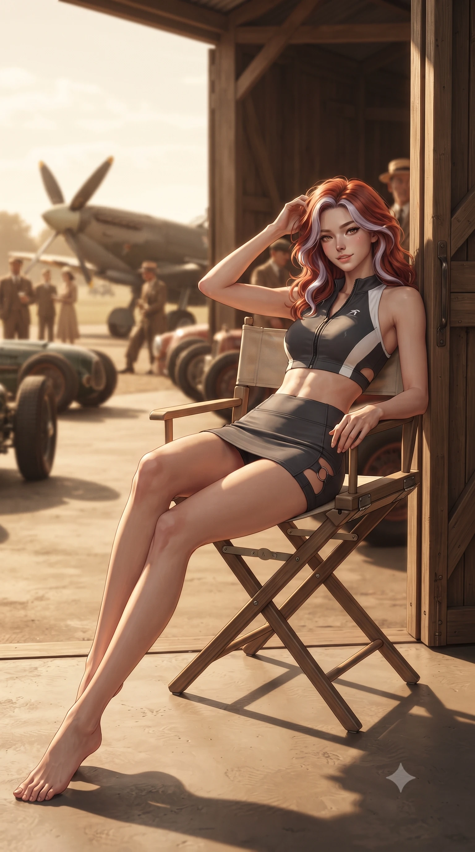 score_9, masterpiece, best quality, ultra-detailed, high-budget anime keyframe, editorial fashion photography, tasteful artistic composition, Caucasian woman. low angle full-body shot from head to toe showing her feet, filling the entire 9:16 vertical frame with her statuesque presence, stretching her vertical silhouette. leaning deep against the pit lane barrier with hips cocked back in an unapologetically alluring high-fashion stance, flashing a warm beaming smile while lounging in a canvas director chair inside the open timber hangar with legs crossed, her sporty retro outfit commanding the historic paddock. The background shows a soft-focus vintage Spitfire propeller aircraft, rows of classic racing cars in open wooden bays, and spectators in period dress blurred into sepia, olive, and copper bokeh. She has an absolutely perfect, statuesque 8.5-heads proportion, an exceptionally tall and slender model-like female figure with impossibly long slender legs, an ultra-slim waist, a flat toned midriff, narrow delicate ribcage, and beautifully sculpted feminine hips creating a graceful, slim hourglass silhouette without any bulky heaviness. sharp v-shaped jawline, high-bridge nose, sparkling eyes with athletic focus and depth, thick curled eyelashes, glossy parted lips with a natural coral-peach sheen, bright confident and coquettish smile with alluring bedroom-eyes, exuding both youthful sporty vigor and sovereign high-society glamour, flawlessly proportioned anatomical accuracy, strict slender model proportions, natural body alignment, perfectly sculpted long slender limbs, ultra-slim waistline, clean dynamic posture without body distortion. wearing a modern two-piece athletic set featuring a zip-front halter sports crop top and curve-hugging tennis skirt with built-in compression shorts in speedway charcoal slate and optic white accents, made of smooth liquid-tight stretch jersey emphasizing every curve of her body, finished with sharp laser-cut side ventilation cutouts framed by chrome rings, the liquid-tight tailored fabric clinging flawlessly to her narrow waist and rounded feminine hips, emphasizing every millimeter of her sculpted slim hourglass curves without any bulky heaviness. bathed in warm nostalgic golden afternoon sunlight casting long dramatic shadows across the paddock. ultra-reflective glossy finish, specular highlights, rich textural contrasts, high-contrast stereoscopic depth, volumetric dynamic lighting, 2k, ultra detail, master piece, 9:16 ratio