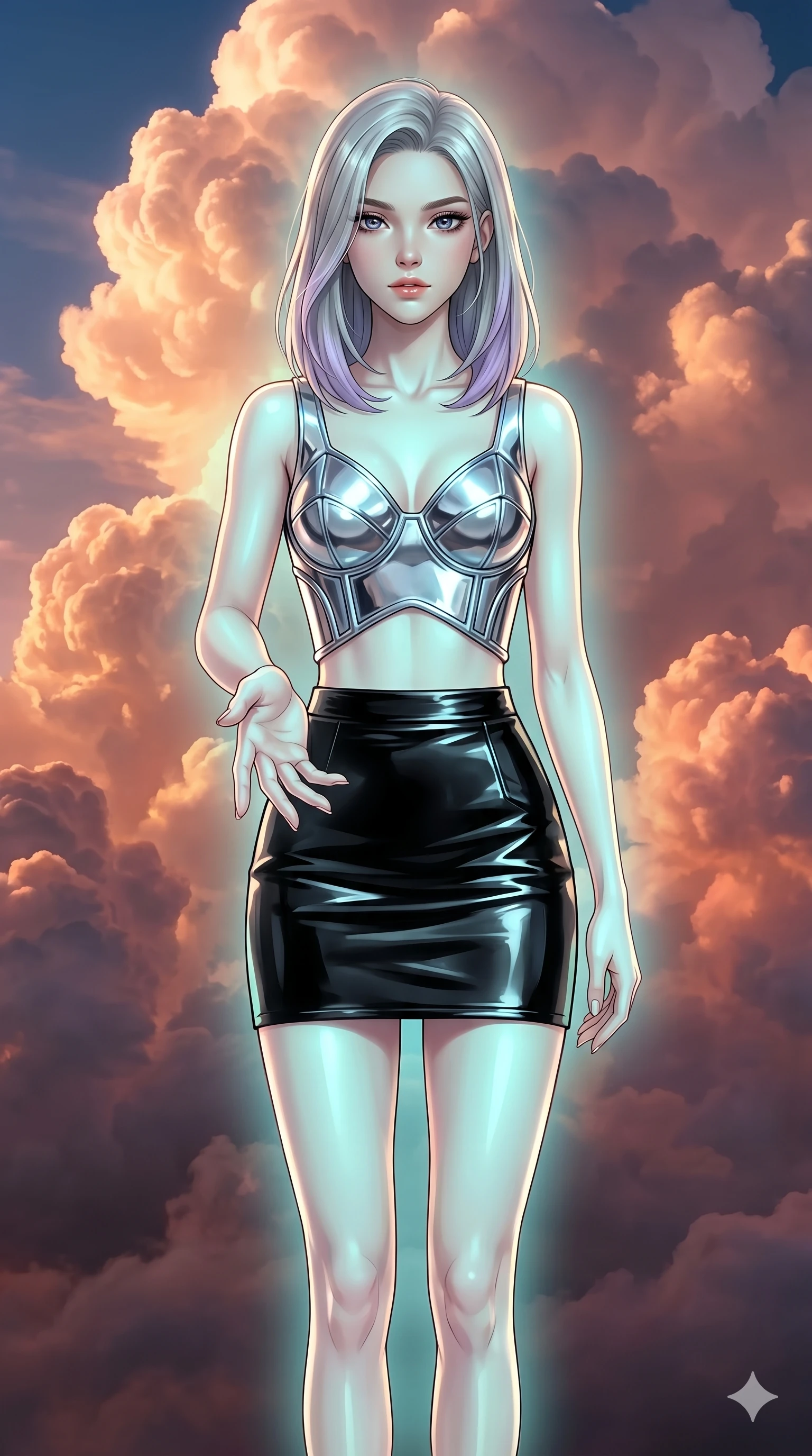 score_9, masterpiece, best quality, ultra-detailed, high-budget anime keyframe, editorial fashion photography, tasteful artistic composition, Caucasian woman, strictly human ears. cowboy shot from the thighs up, character and outfit filling the frame for maximum editorial presence. Reaching one hand toward the viewer with relaxed elegance inside a luminous cloud palace where cumulus formations glow with amber and rose from within. She has an absolutely perfect 8-heads proportion, an exceptionally tall and slender female figure with impossibly long slender legs and an ultra-slim waist. V-shaped jawline, high-bridge nose, intricate jewel-like eyes with depth, thick eyelashes, glossy lips with a natural sheen. wearing a sculptural chrome-plated structured crop top with molded geometric cups and architectural side boning, paired with a high-waist black gloss leather mini skirt to mid-thigh. illuminated by soft aqua bioluminescent light that makes her skin luminously glow against the dark. 2k, ultra detail, master piece, 9:16 ratio