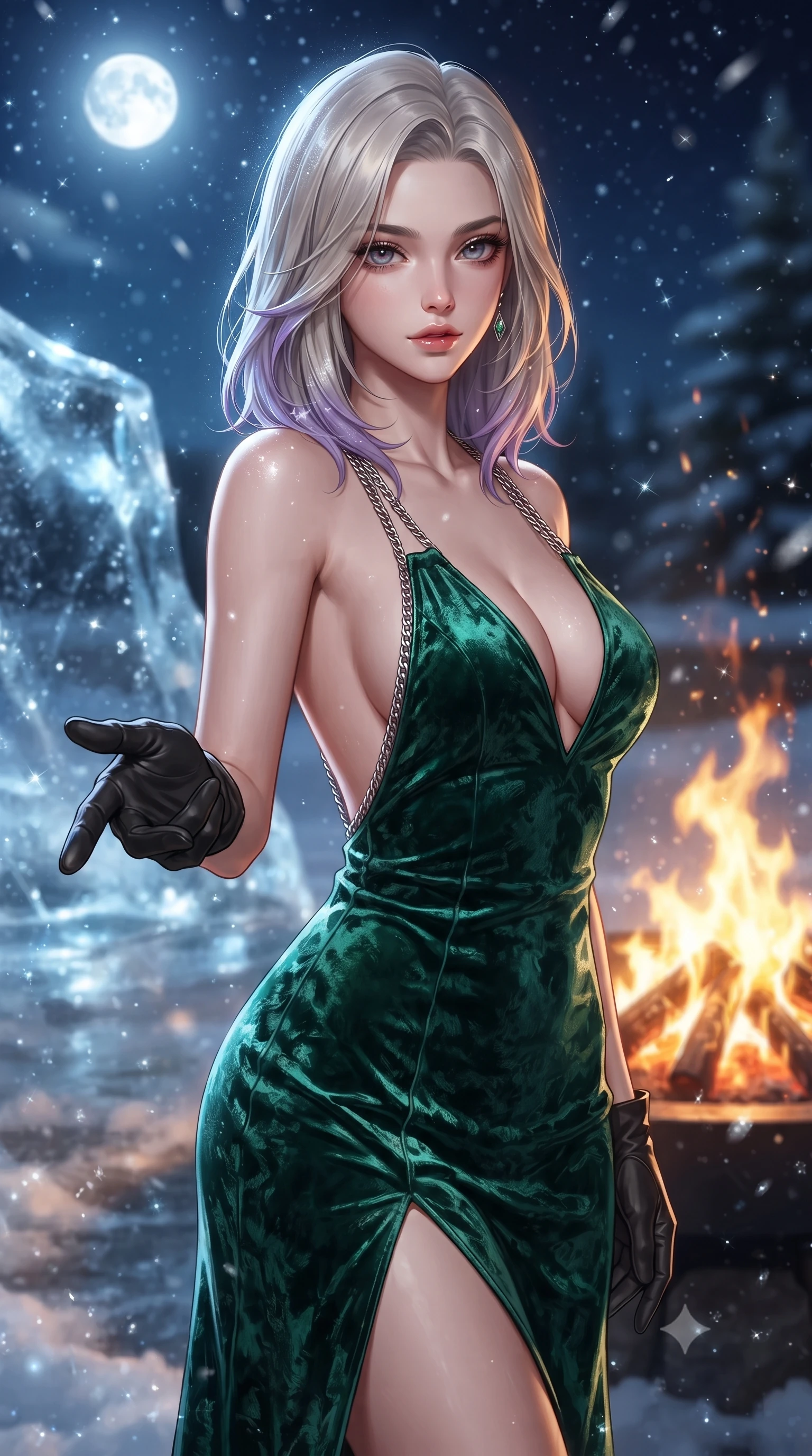 score_9, masterpiece, best quality, ultra-detailed, high-budget anime keyframe, editorial fashion photography, tasteful artistic composition, Caucasian woman. close-up cowboy shot from the waist and thighs up, the character dominates the composition, filling the frame with her large presence, background elements kept in soft focus. Reaching one hand gracefully toward the viewer with effortless superiority and allure resting near a roaring outdoor fire pit as icy snowflakes glitter in the air, clear glacial ice reflecting the radiant full moon and starlight like a mirror. She has an exceptionally elegant, slender, and willowy female figure with an ultra-slim waist, a gracefully sculpted slender torso, and a refined silhouette. sharp v-shaped jawline, high-bridge nose, intricate jewel-like eyes with depth, thick eyelashes, glossy lips with a natural sheen. wearing a backless crushed velvet gown with a deep V-neckline and high thigh slit in deep emerald green and silver accent, crafted from smooth liquid silk, adorned with delicate metallic chain straps along the neckline, the glove-like fit emphasizing her statuesque silhouette. illuminated by warm golden hearth fire contrasting against icy silver highlights. ultra-reflective glossy finish, specular highlights, metallic sheen, high-contrast stereoscopic depth, volumetric dynamic lighting, 2k, ultra detail, master piece, 9:16 ratio