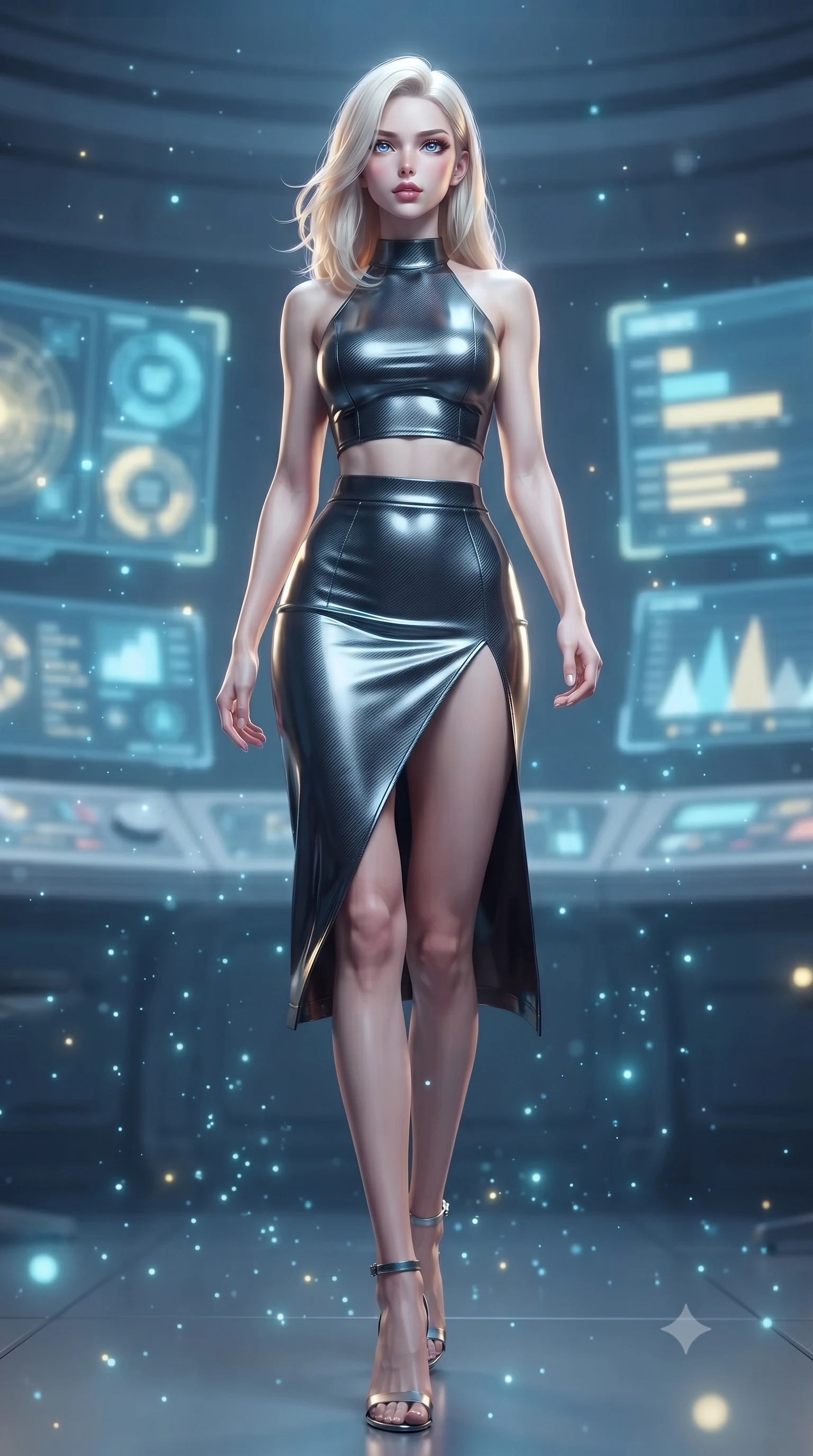 score_9, masterpiece, best quality, ultra-detailed, high-budget anime keyframe, editorial fashion photography, tasteful artistic composition, Caucasian woman. low angle full-body shot from head to toe showing her feet, filling the entire 9:16 vertical frame with her statuesque presence, stretching her vertical silhouette. stepping gracefully through floating stardust particles, her body-contouring suit showing her athletic, slender silhouette, the background shows a soft-focus a console room with holographic terminal displays and status charts. She has an absolutely perfect, statuesque 8.5-heads proportion, an exceptionally tall and slender model-like female figure with impossibly long slender legs and an ultra-slim waist. sharp v-shaped jawline, high-bridge nose, intricate jewel-like eyes with depth, thick eyelashes, glossy lips with a natural sheen. wearing a tailored carbon-fiber halter-neck crop top paired with a matching high-slit midi skirt, revealing her slim waist. soft yellow terminal glare contrasting with cool blue simulation space. ultra-reflective glossy finish, specular highlights, metallic sheen, high-contrast stereoscopic depth, volumetric dynamic lighting, 2k, ultra detail, master piece, 9:16 ratio