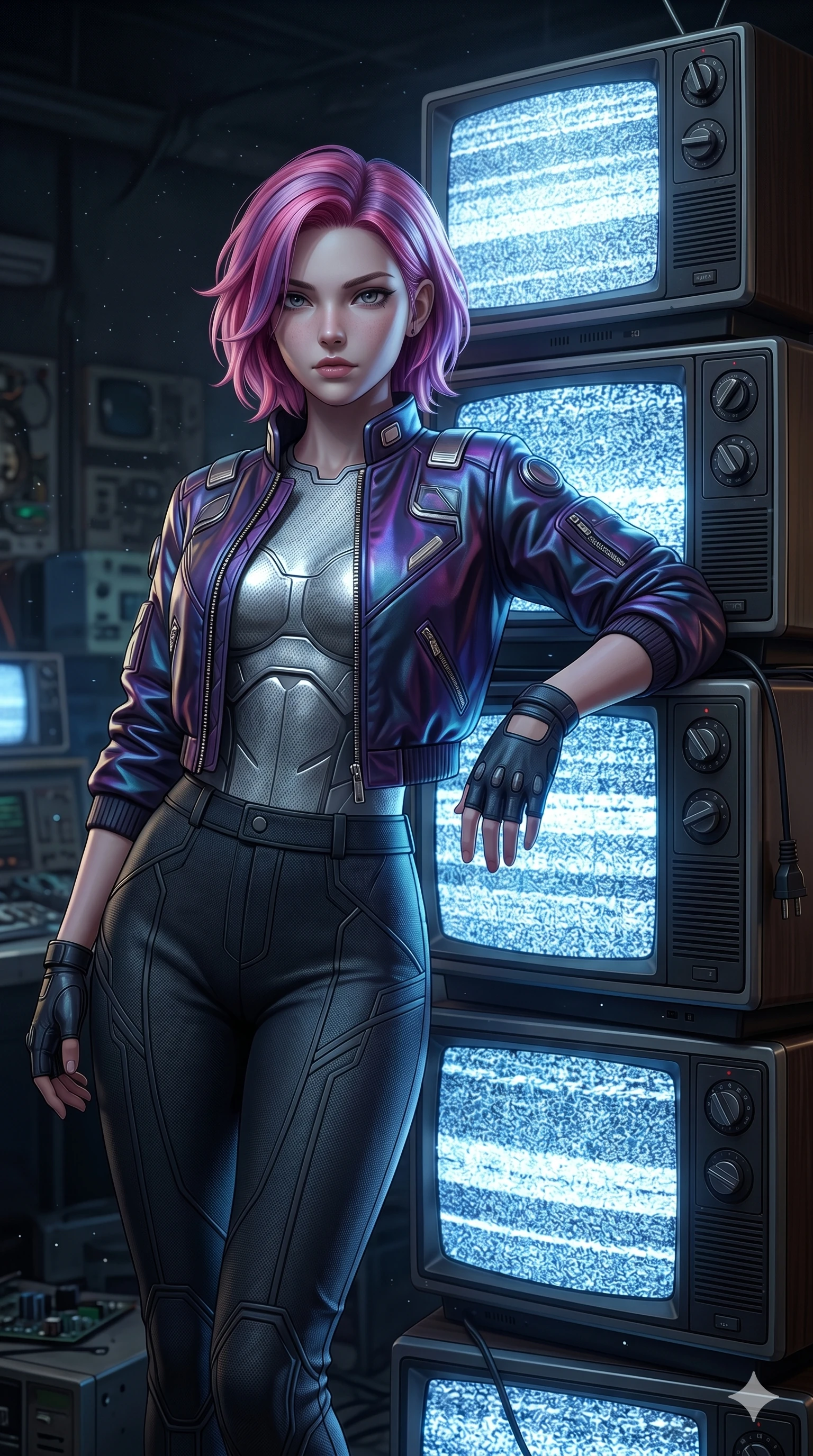 score_9, masterpiece, best quality, ultra-detailed, high-budget anime keyframe, semi-realistic 3D game render, Caucasian woman, strictly human ears. Upper body close-up from the thighs up, character filling the screen for maximum presence. Standing next to a retro crt tv stack showing static, leaning against the TV stack, looking towards the camera with a cool expression. She is wearing a cropped retro-future bomber jacket, a structured silver top, and pants. The scene is lit by the flickering white static light of the TV screens. 2k, ultra detail, master piece, 9:16 ratio
